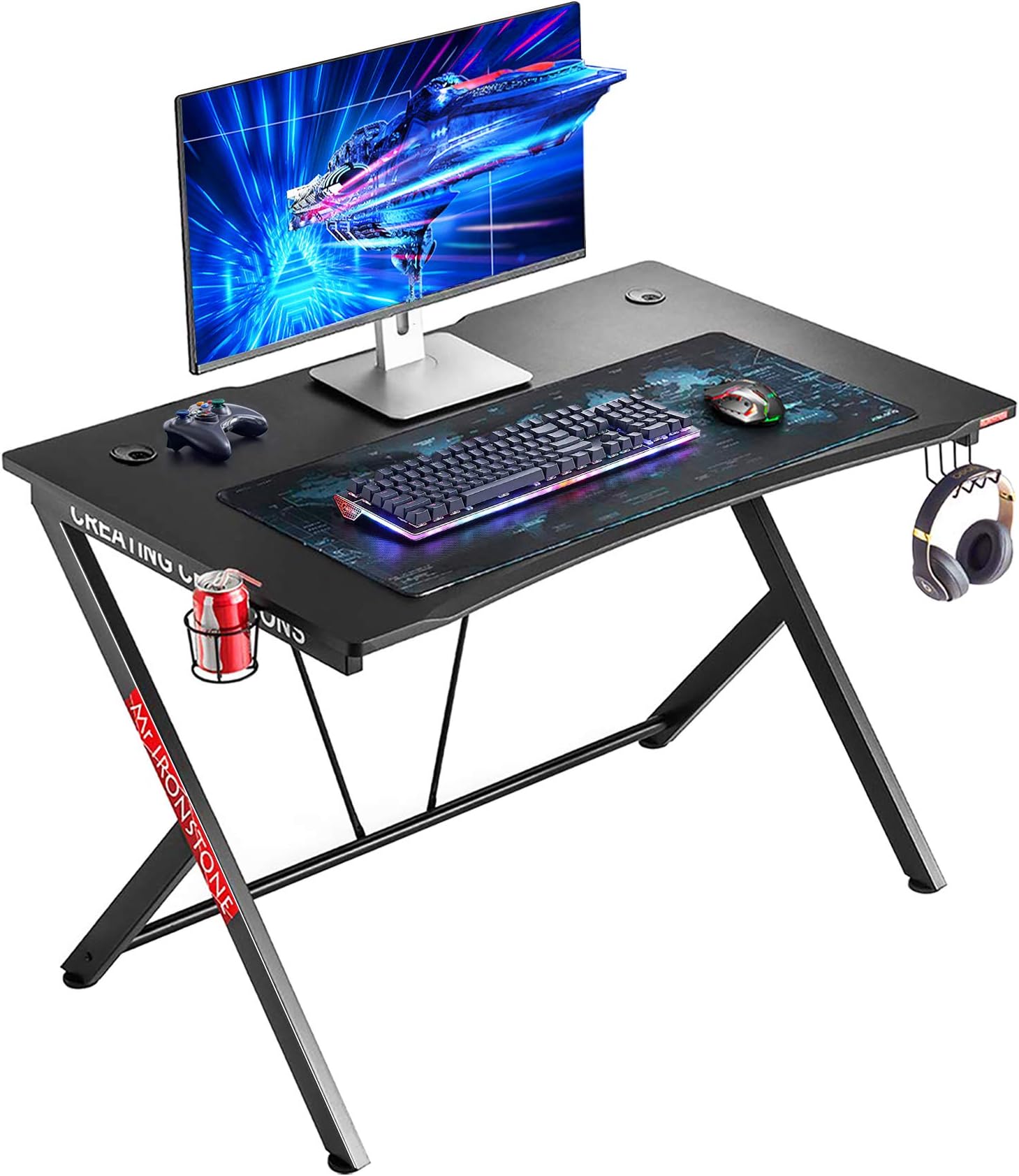 Mr IRONSTONE Gaming Desk 45.3" W x 29" D Home Office Computer Table, Black Gamer Workstation with Cup Holder, Headphone Hook and 2 Cable Management Holes