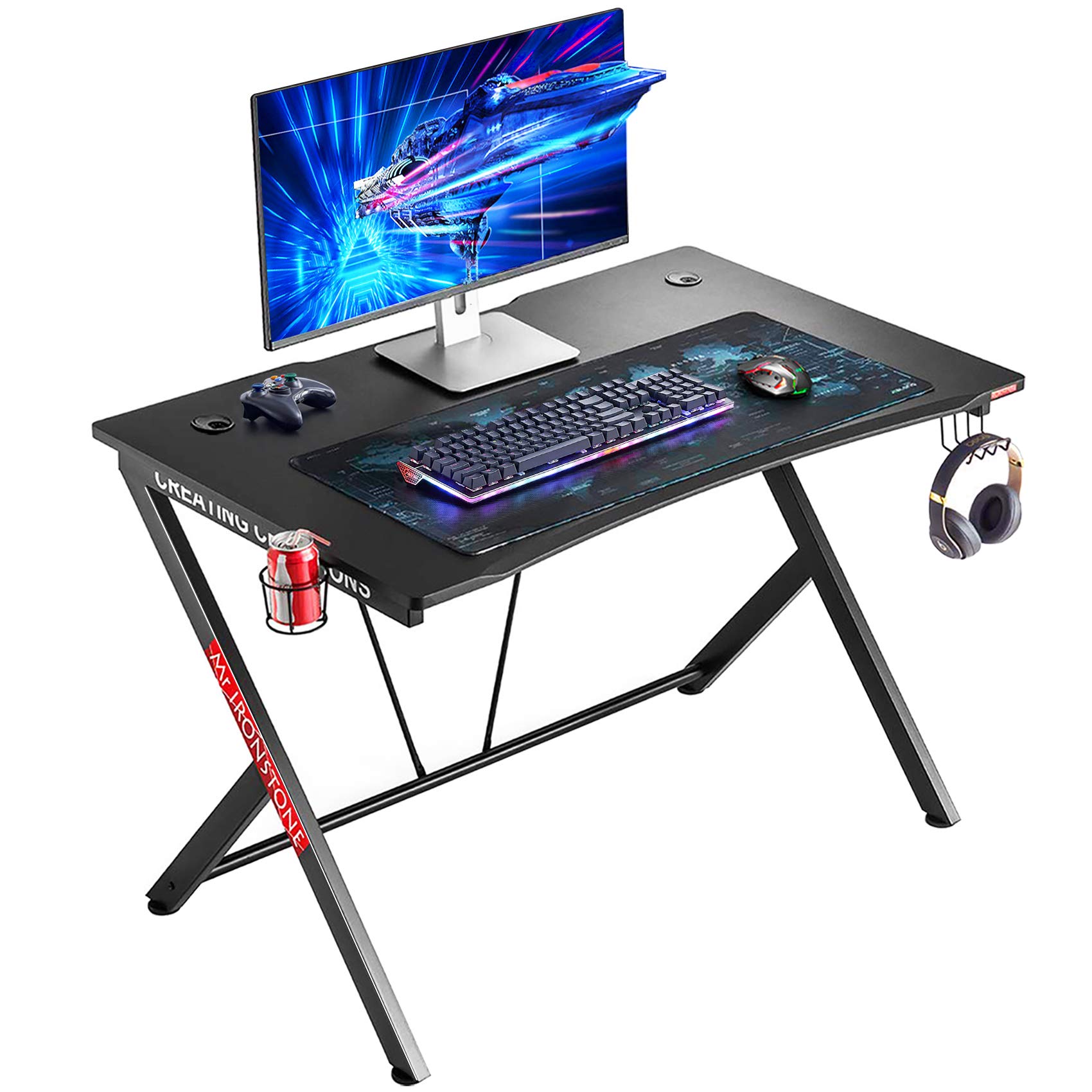Mr IRONSTONE Gaming Desk 45.3" W x 29" D Home Office Computer Table, Black Gamer Workstation with Cup Holder, Headphone Hook and 2 Cable Management Holes