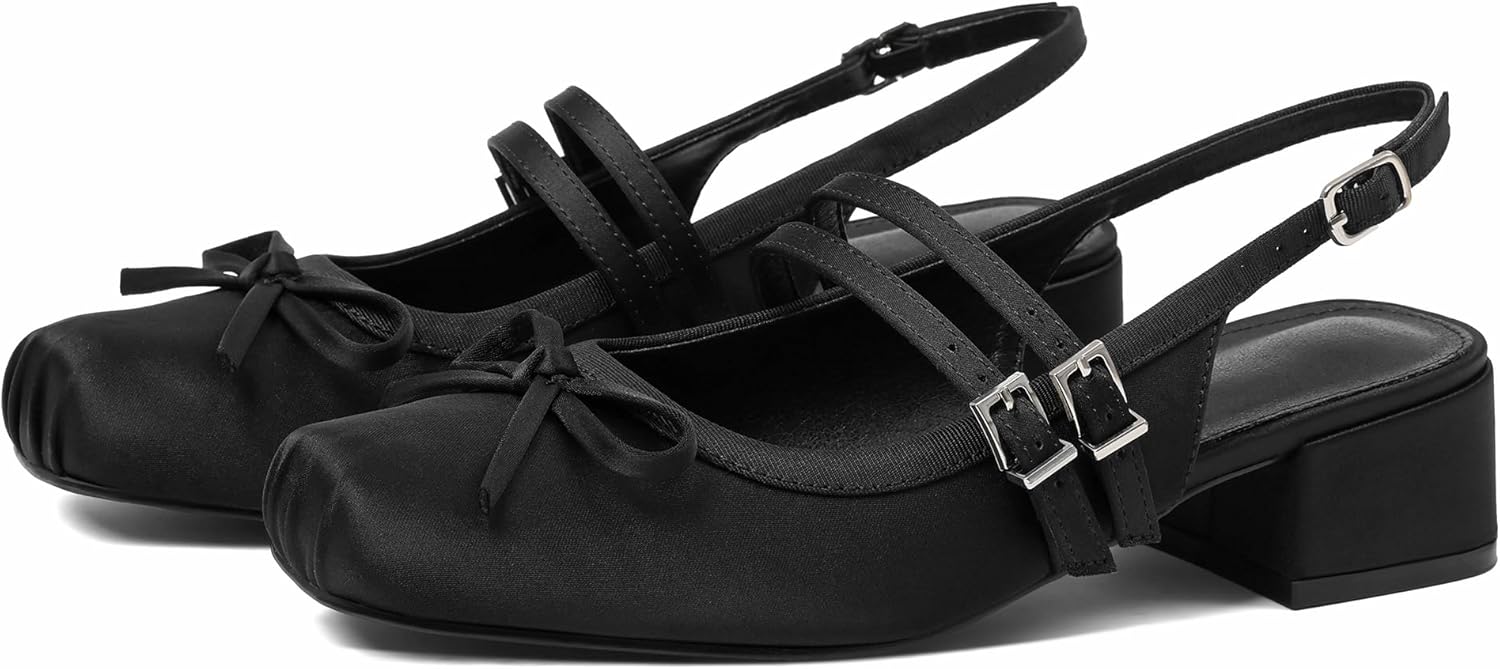 Mary Jane for Women Slingback Pumps Ballet Chunky Heel Closed Square Toe Pumps Satin Wedding Shoes Party Low Block Heel Bow Office Work Shoes