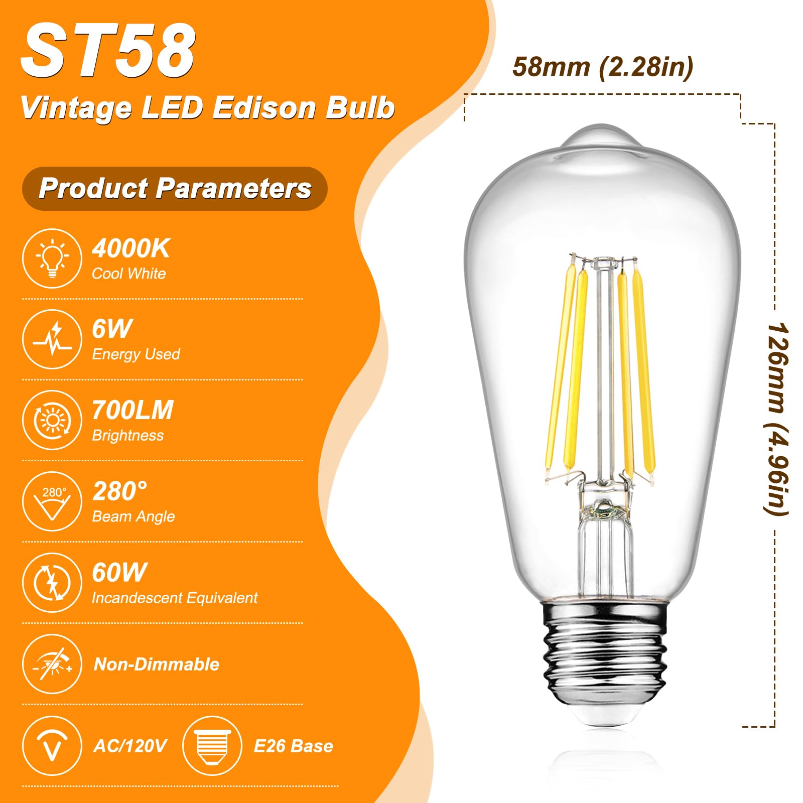 Ascher Bombillas LED Edison vintage, 6 W, equivalente a 60 W, luz blanca diurna de alto brillo 4000 K, bombillas de filamento LED ST58 con CRI 80+, base mediana E26, no regulable, vidrio transparente,