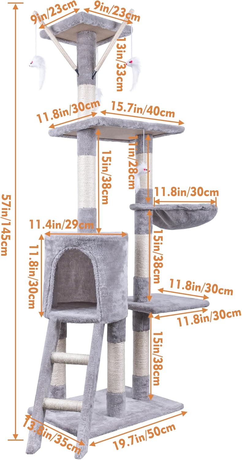 Cat Tree, 145cm Cat Scratch Posts Stable Cat Climbing Tower MultiLevel Cat Activity Trees for