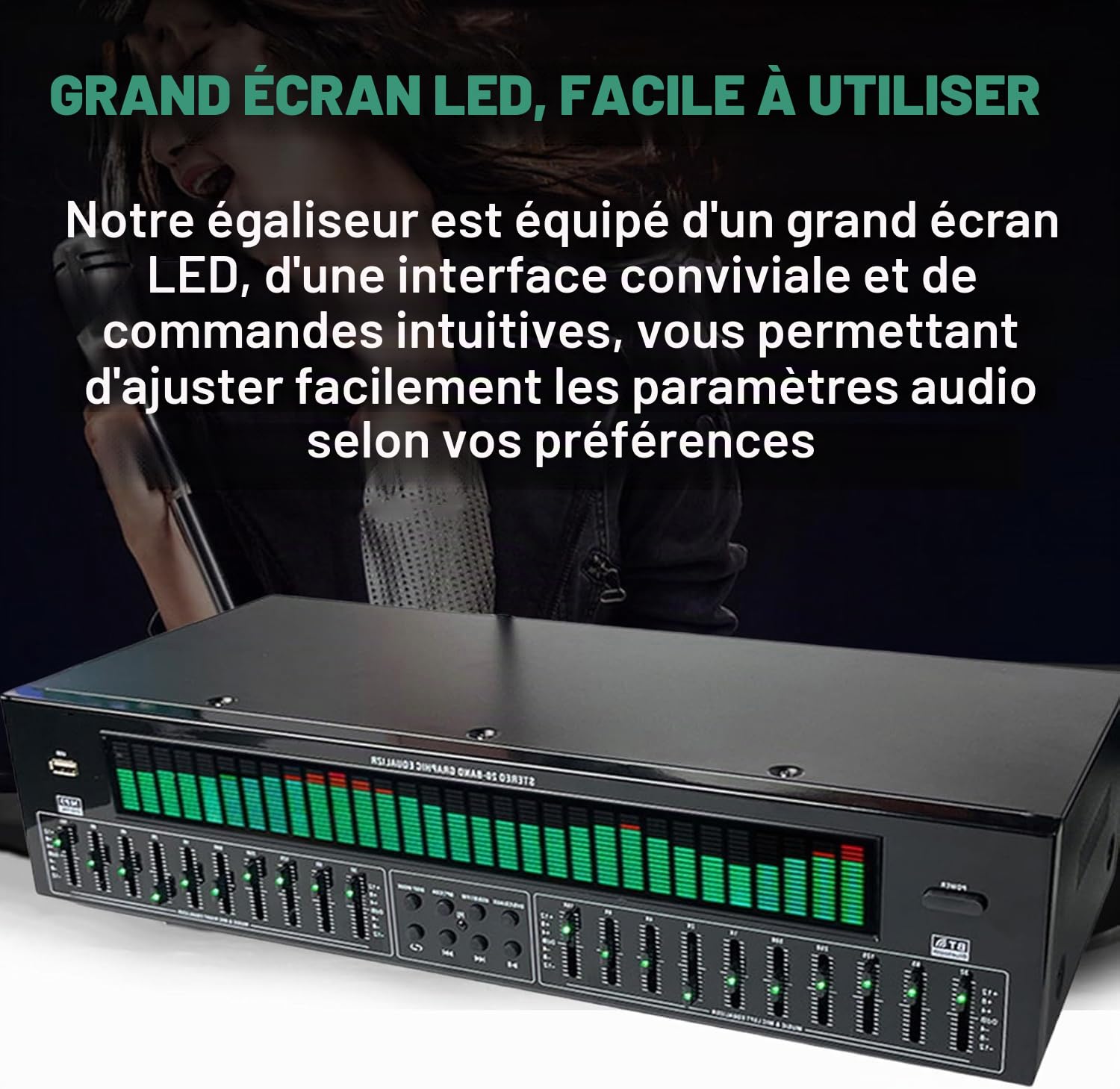 Égaliseur EQ Professionnel, Égaliseur Numérique 31 Bandes, Égaliseur Graphique Stéréo Audio Numérique, 12 Modèles de Rythme, Double Accordage Indépendant en 10 Segments, avec Réduction du Bruit