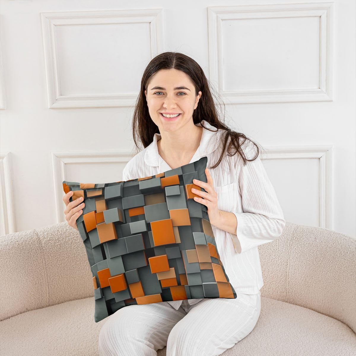 Erosebridal Square Geometrical Set of 2 Throw Pillow Cover 24x24 Blocking Square Cushion Cover Cool Gaming Grid Cushion Case 3D Minimalists Geometric Decorative Pillowcase image 5