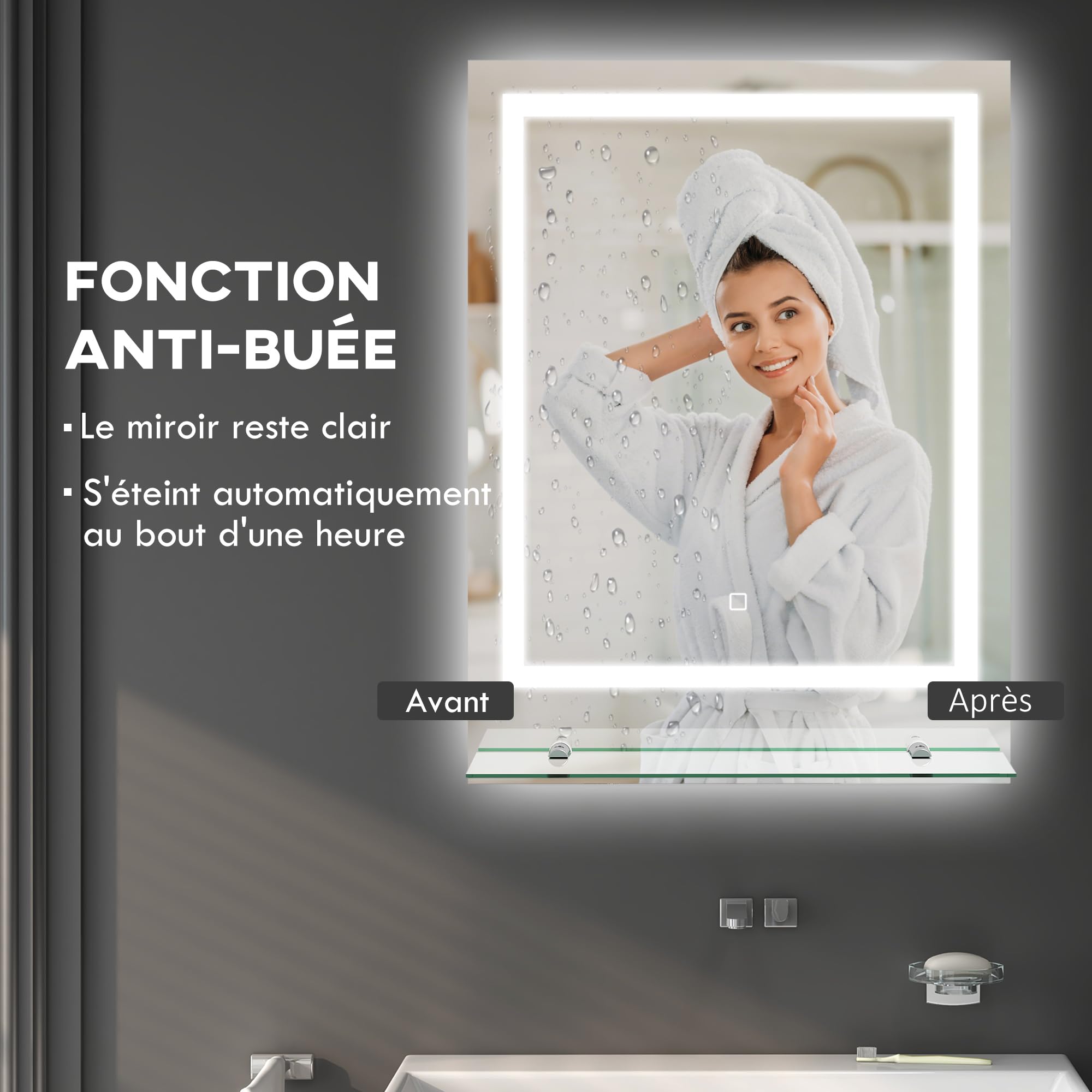 kleankin Miroir Lumineux LED rectangulaire Miroir Mural avec étagère de Salle de Bain 70 x 50 cm luminosité réglable Anti-buée Interrupteur Tactile