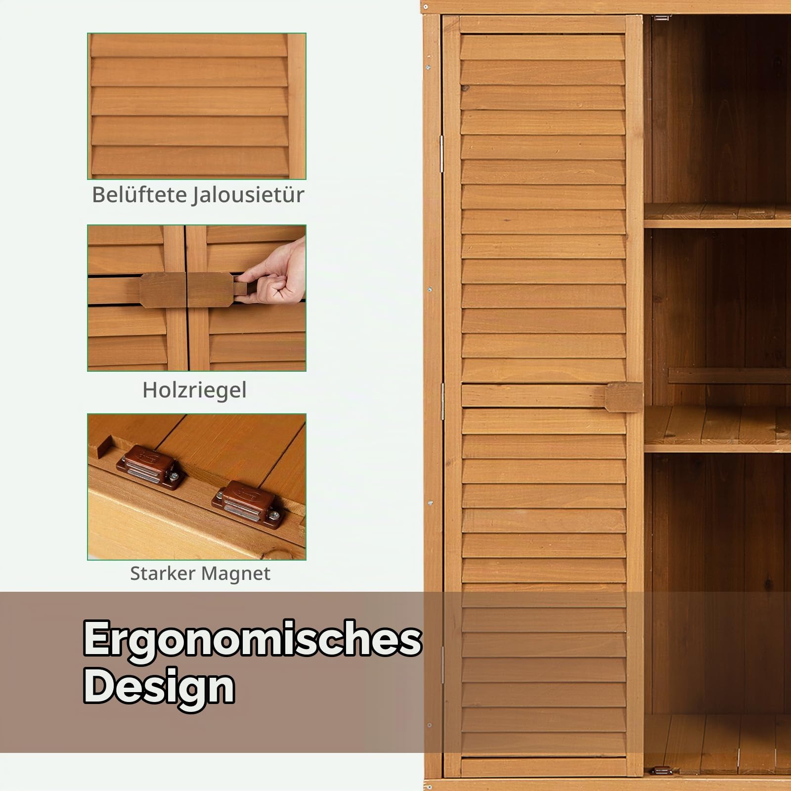 HOMASIS Gartenschrank Holz, Gerätehaus Wetterfest Outdoor, 87x47x160cm, Gartenhaus mit 2 verstellbaren Regalen, Geräteschuppen mit Asphaltdach, Geräteschrank Gartenschuppen Holzschuppen, Natur