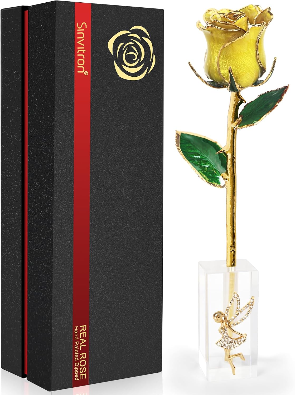 Sinvitron Gold Dipped Rose – Eternal Real Preserved Rose in Resin, Romantic Birthday Gift for Women, Perfect for Her on Valentines Day, Anniversary Mother’s Day (Yellow)