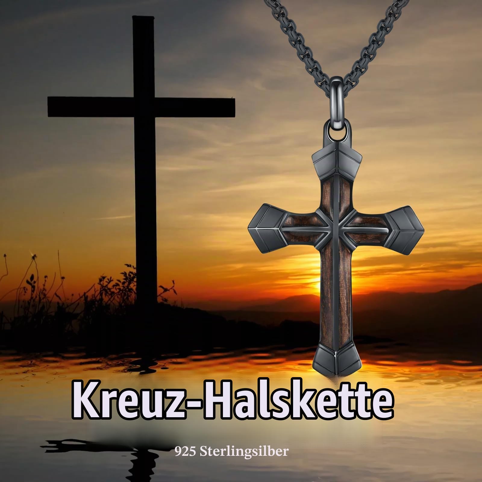 Herren Holzkreuz Kette 925 Sterling Silber Ebenholz Kreuzanhänger 55+5 cm Verstellbare Kette Schwarz Religion Schmuck Weihnachten Jahrestag Geburtstag Geschenke für Männer 35 mm