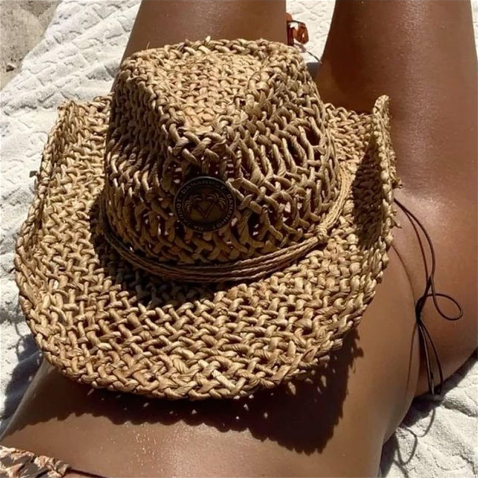 cappello paglia cowboy Cappello di paglia Boho vintage da spiaggia estiva | Donna Uomo Cappelli da cowboy occidentali Perline di legno Scava fuori il cappello da sole