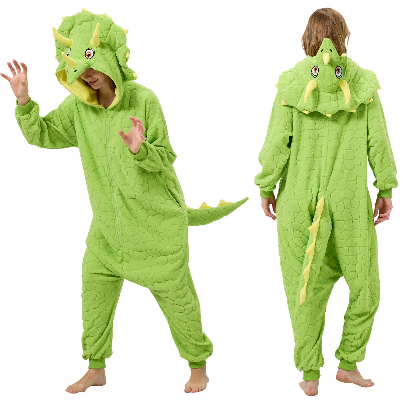 AMAMHAHAVA Dinosaur Costume Triceratops Onesie Pajamas for Adults Dino One-Piece Animal Halloween Cosplay Homewear
