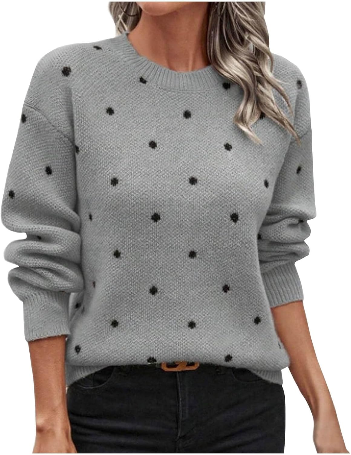 Women's Polka Dot Knit Sweater - Crew Neck Long Sleeve Pullover, Fashion Casual Solid Base Cashmere Sweaters