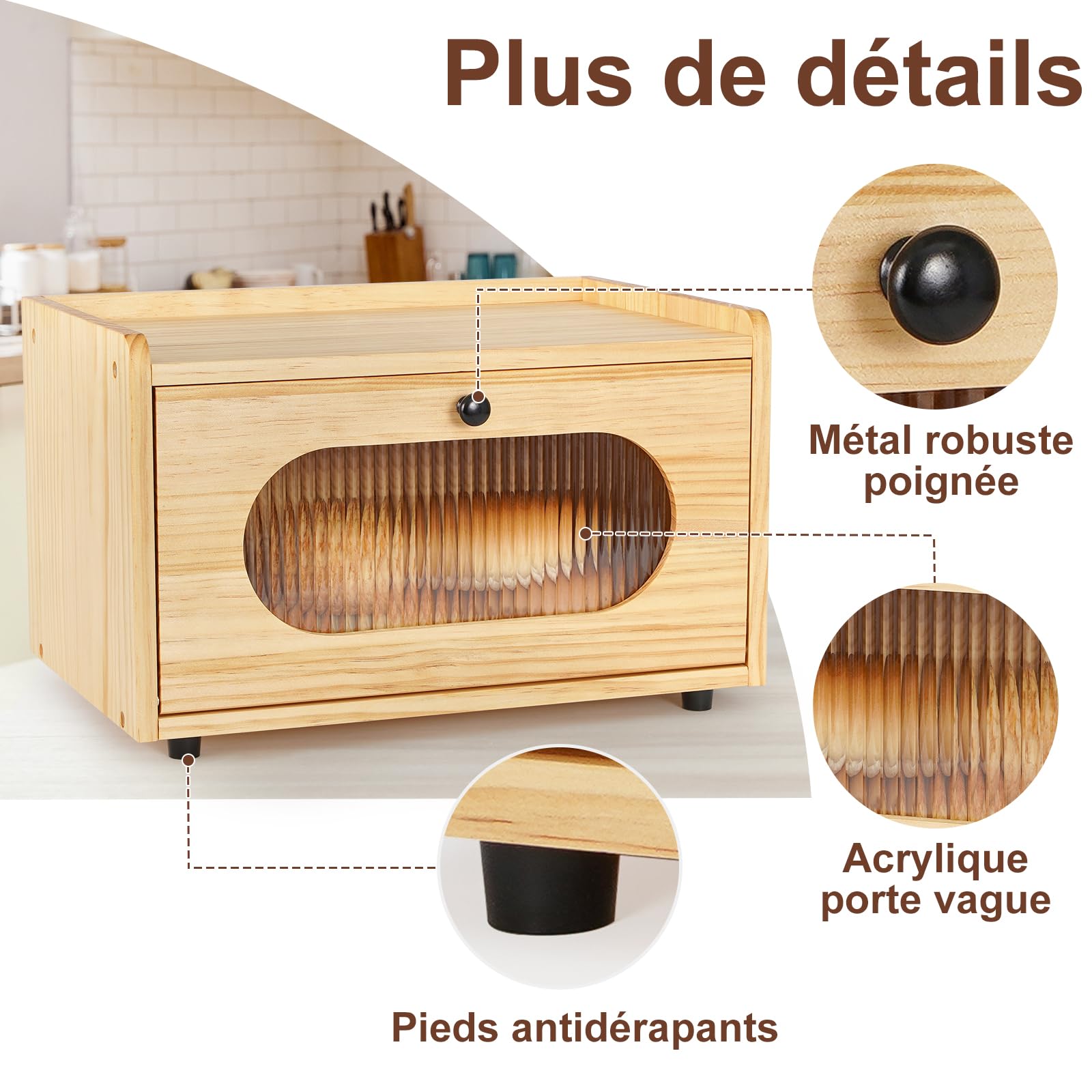 GUUSII HOME Boite a Pain Boîte à Pain de Mie Bois Huche à Pain Vintage Rangement Cuisine Countertop Conteneur de Stockage de Pain avec Porte Magnétique Fenêtre Acrylique 36.5x23.5x22cm (Gris)