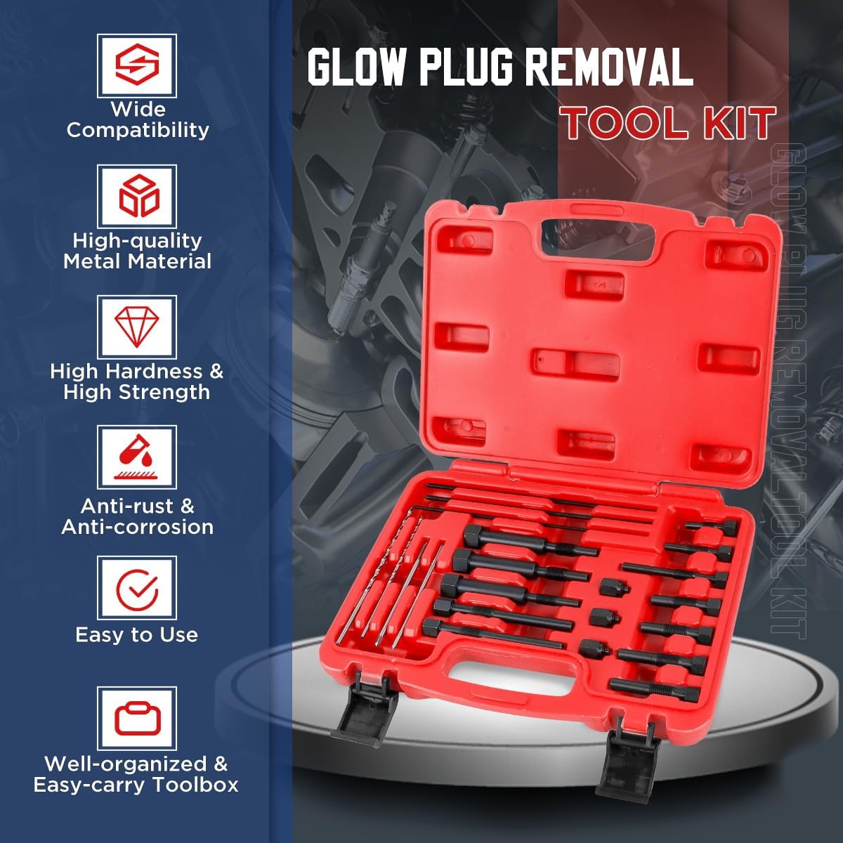 KAISAL Glow Plug Removal Tool 22PCS Glow Plug Removal Tool Kit High Hardness Glow Plug Removal Tools Glow Plug Extraction Kit for M8 & M10 Glow Plug Electrodes Removal Tool with Easy-Carry Toolbox