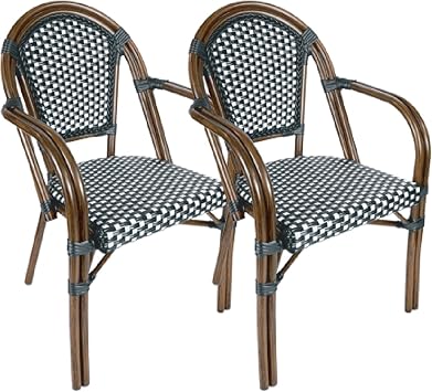 French Bistro Patio/Indoor Dining Chair, 2 Pack, Hand Woven Wicker, Fully Assembled 2, Black/White