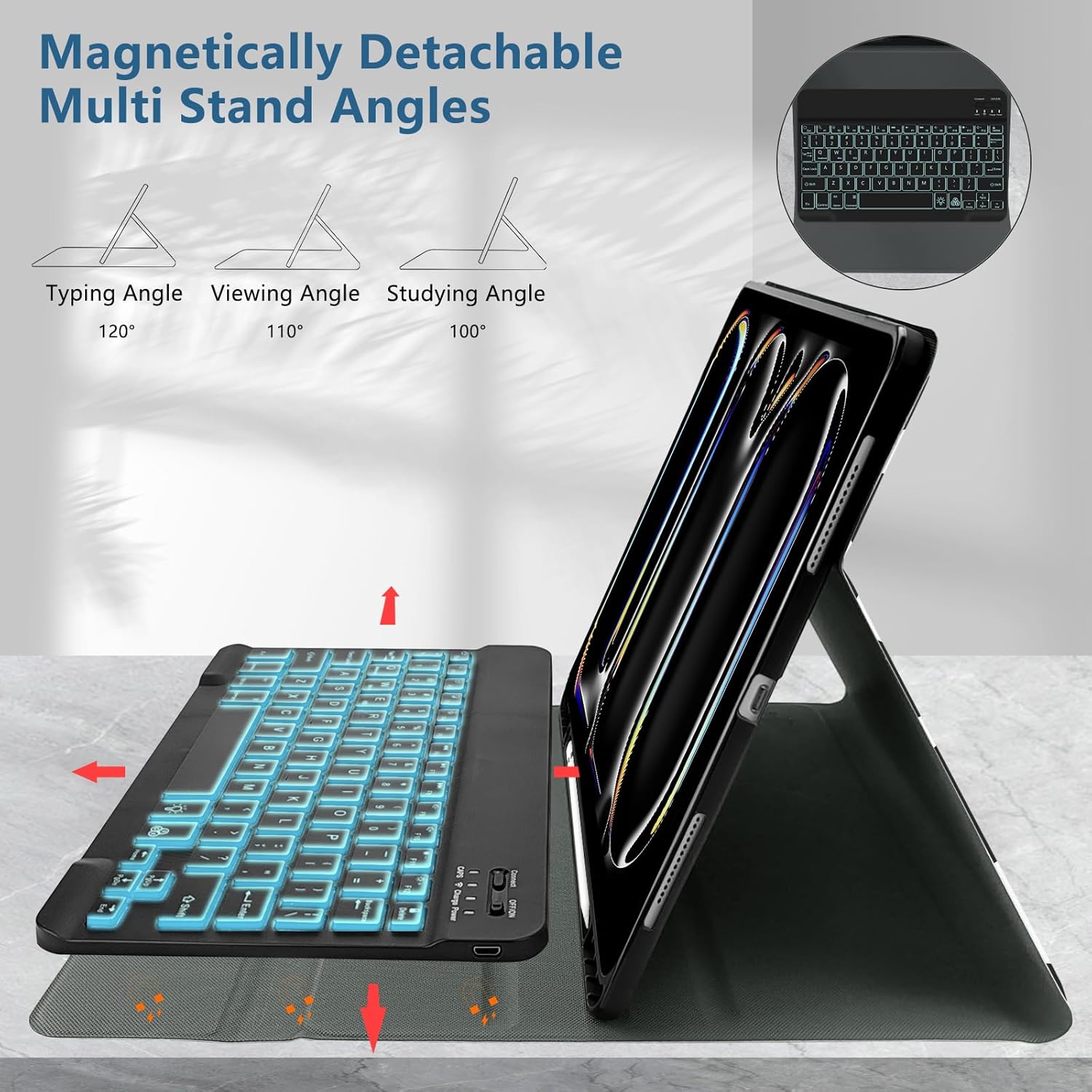 TopPerfekt for iPad Bluetooth Keyboard Pro 11 Inch M4 2024 (5th Generation) Case with 7-Color Backlights, (Detachable, Rechargeable, Magnetically Absorbent), Auto Sleep/Wake, Pencil Holder - Black Cow