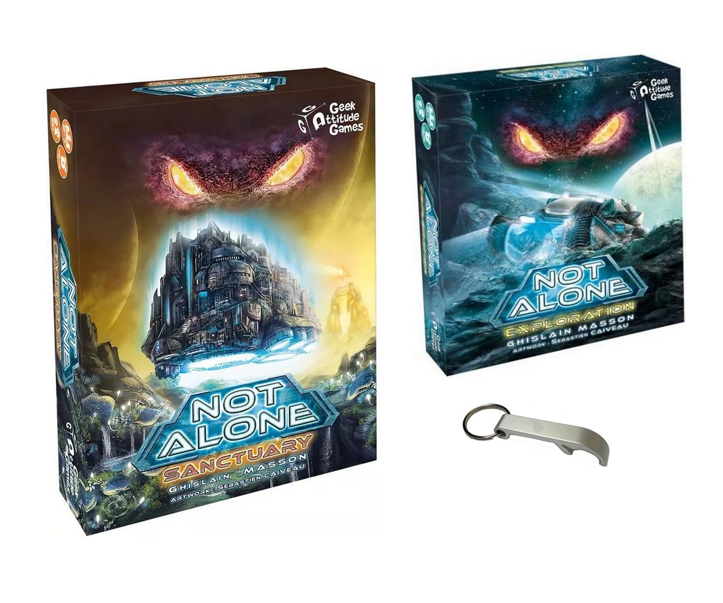 Not Alone Set 2 Erweiterungen Sanctuary + Exploration Französische Version + 1 Flaschenöffner Blumie – für 2 bis 7 Spieler – ab 10 Jahren – Gesellschaftsspiel