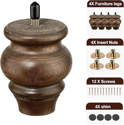 Miniatura 5 de Patas de madera para muebles de 3.5 pulgadas, juego de 4 patas redondas de color marrón, piezas de repuesto para armarios, sillón, mesa auxiliar