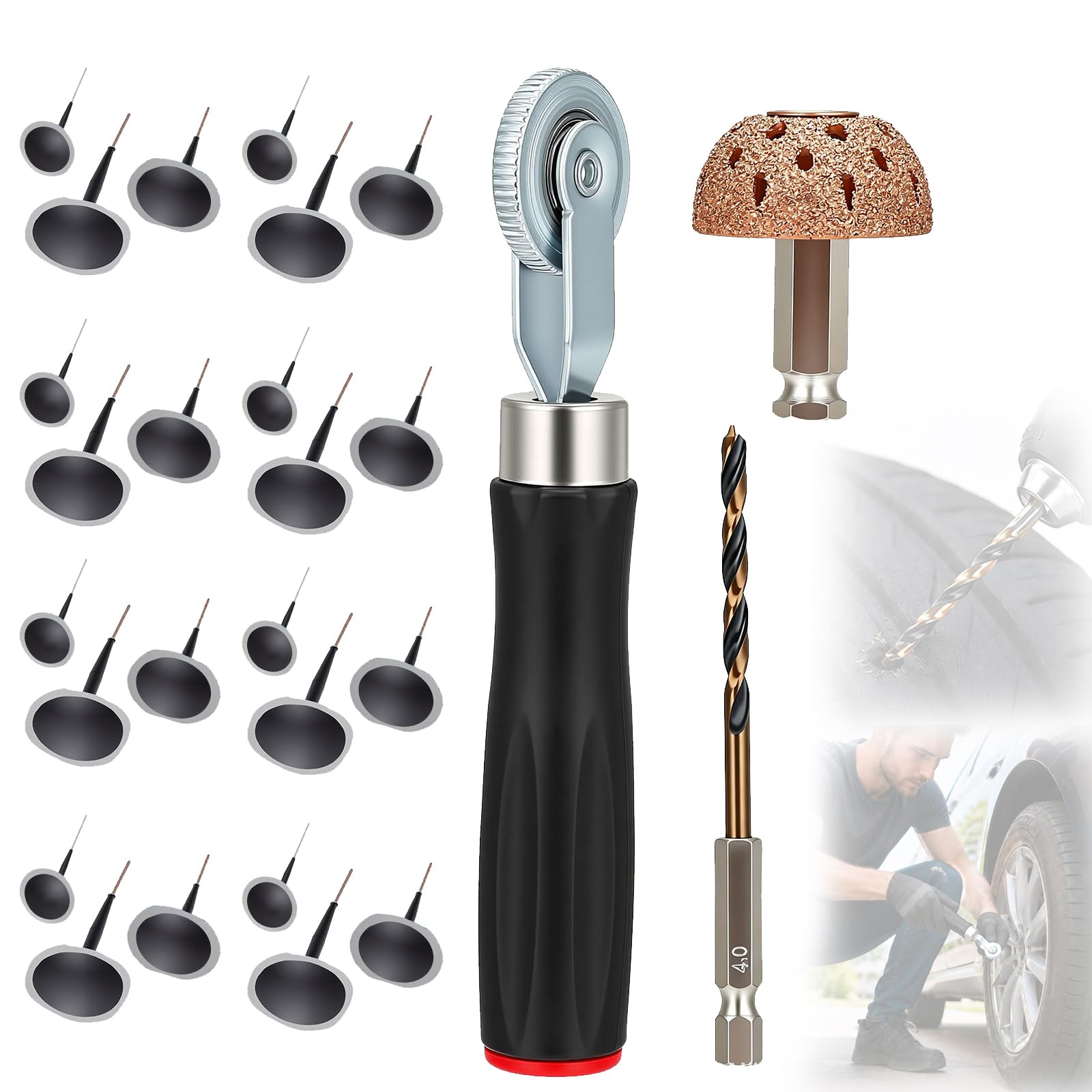 Kit Reparación Neumáticos, 27 Piezas Coches Reparación Neumáticos Para Automóviles Camiones Motocicletas Y Bicicletas Juego Multiusos Tapones Y Parches Tapones Goma Tipo Hongo Y Herramientas Inserción
