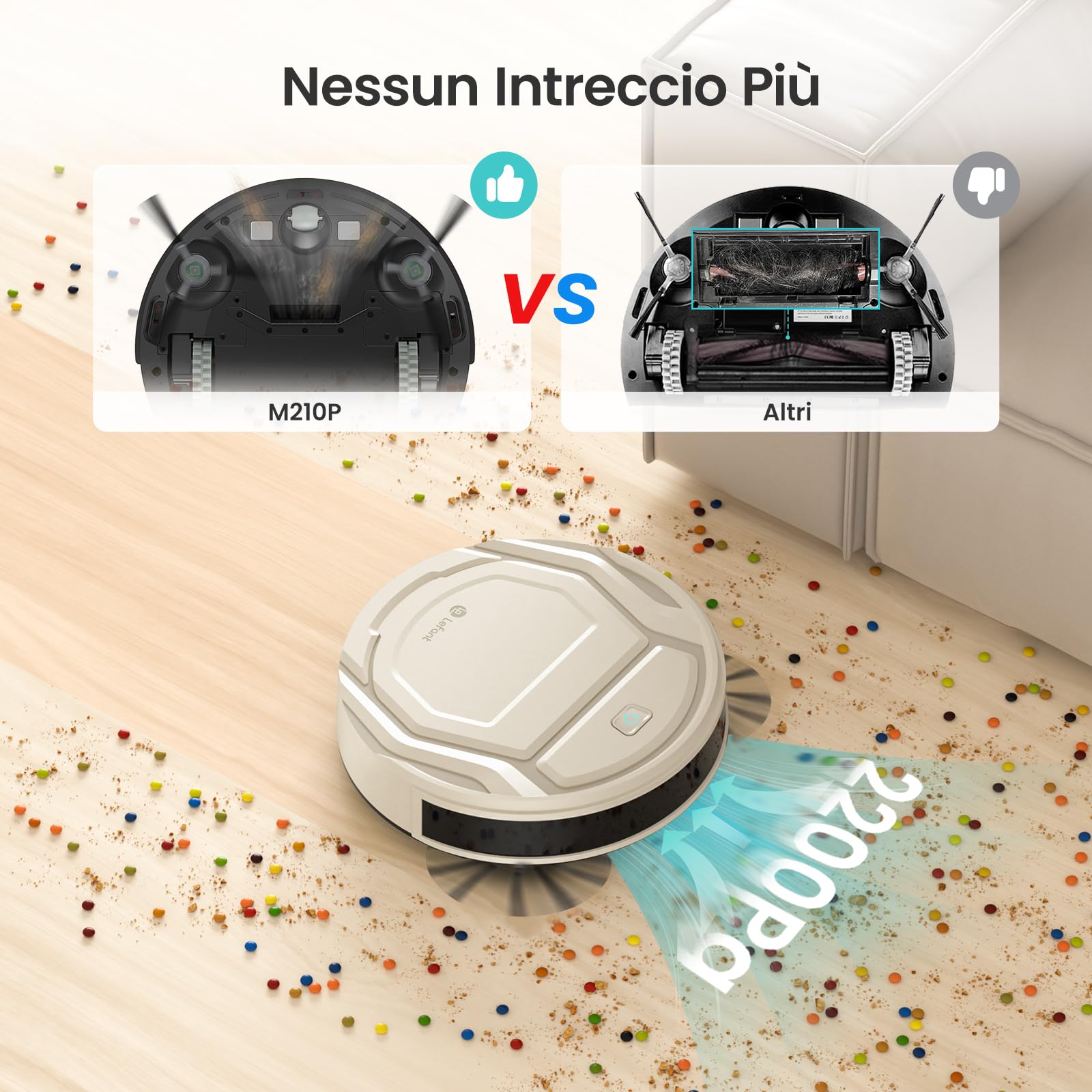 LEFANT M210P Robot Aspirapolvere con 2200Pa, 120 Minuti, Senza Grovigli, Ultra Sottile 7,8cm, Wi-Fi/App/Alexa, Potenziamento Tappeto, Ideale per Peli di Animali Domestici, Grigio Champagne