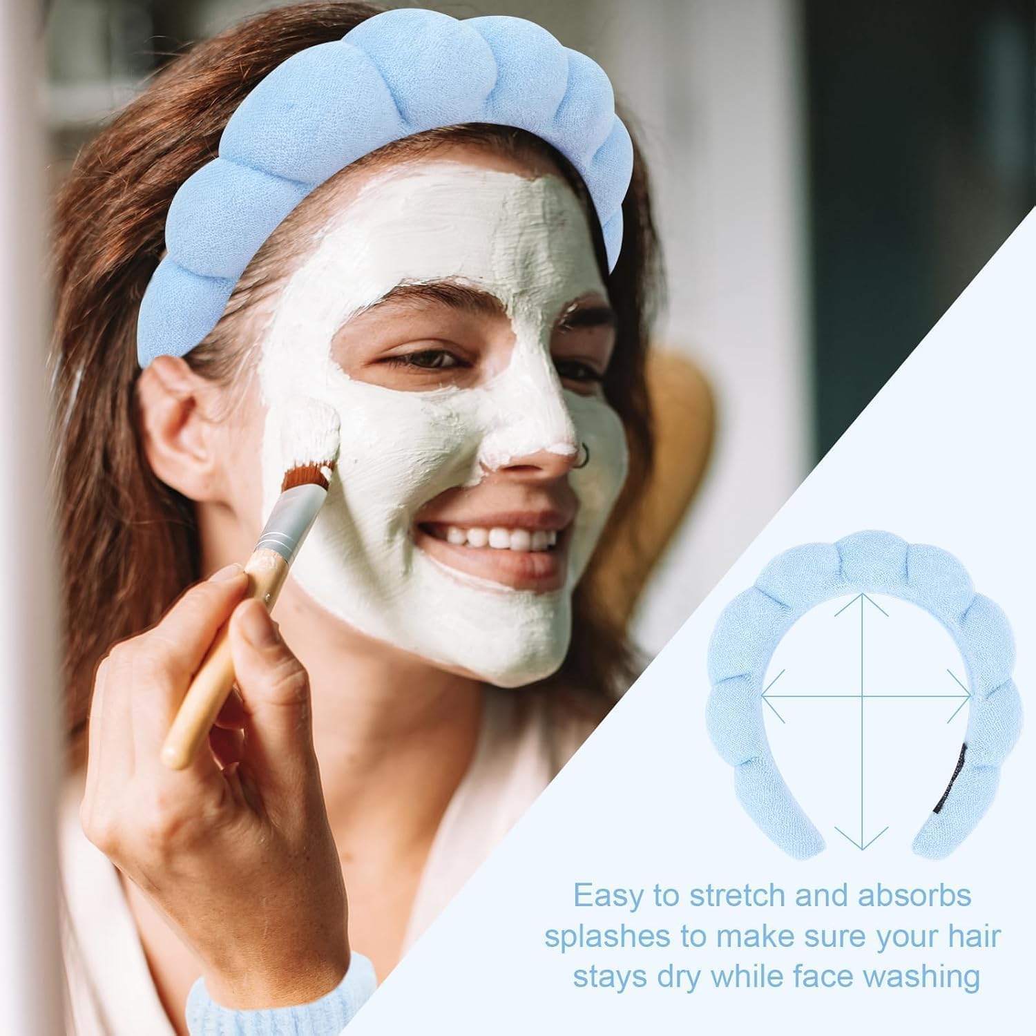 BEHAHAI Spa Headband for Washing Face Wristband Sponge Makeup Skincare Headband Terry Cloth Bubble Soft Get Ready Hairband for Women Girl Puffy Padded Headwear Non Slip Thick Hair Accessory. (BLUE, FREE) 1