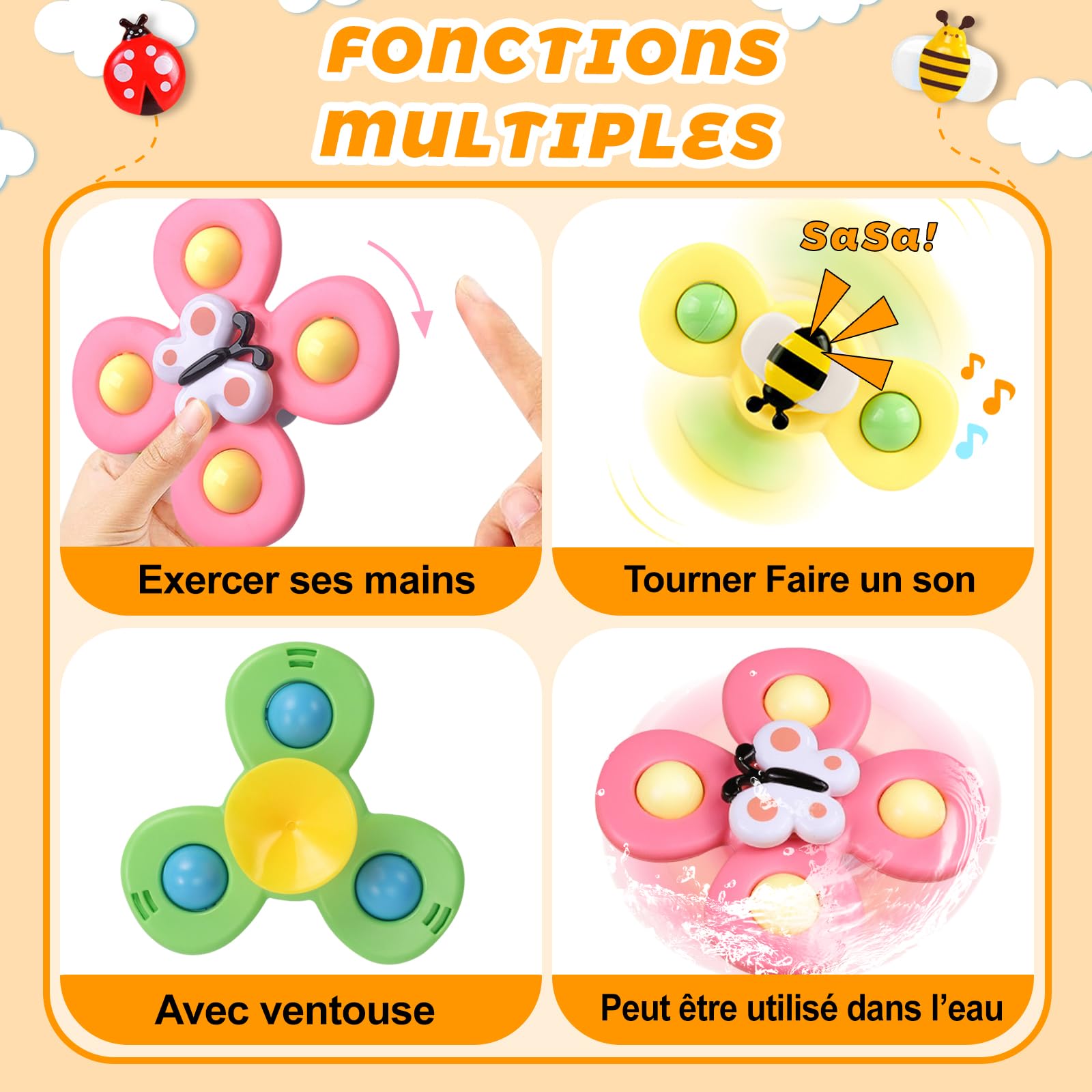 Jouet De Bain Bébé Ventouse Spinner - 3 Animaux Tournants (abeille, Papillon, Insecte) Avec Bruit De Crissement - Stimulation Sensorielle Et Coordination Main-œil