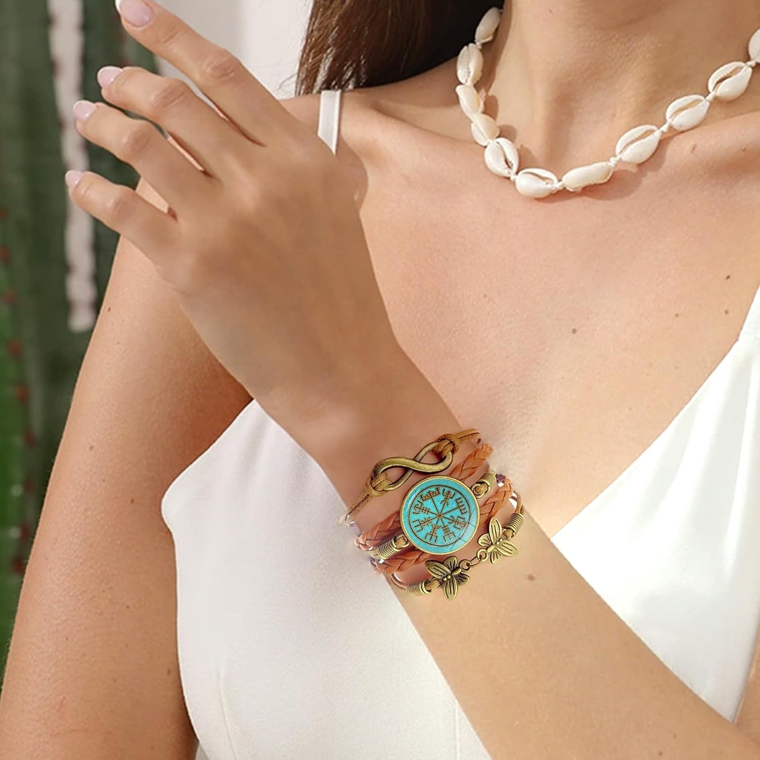 Viking Compass Protect Bracelet for Women Turquoise Charm Bracelets Viking Norse Jewelry for Women