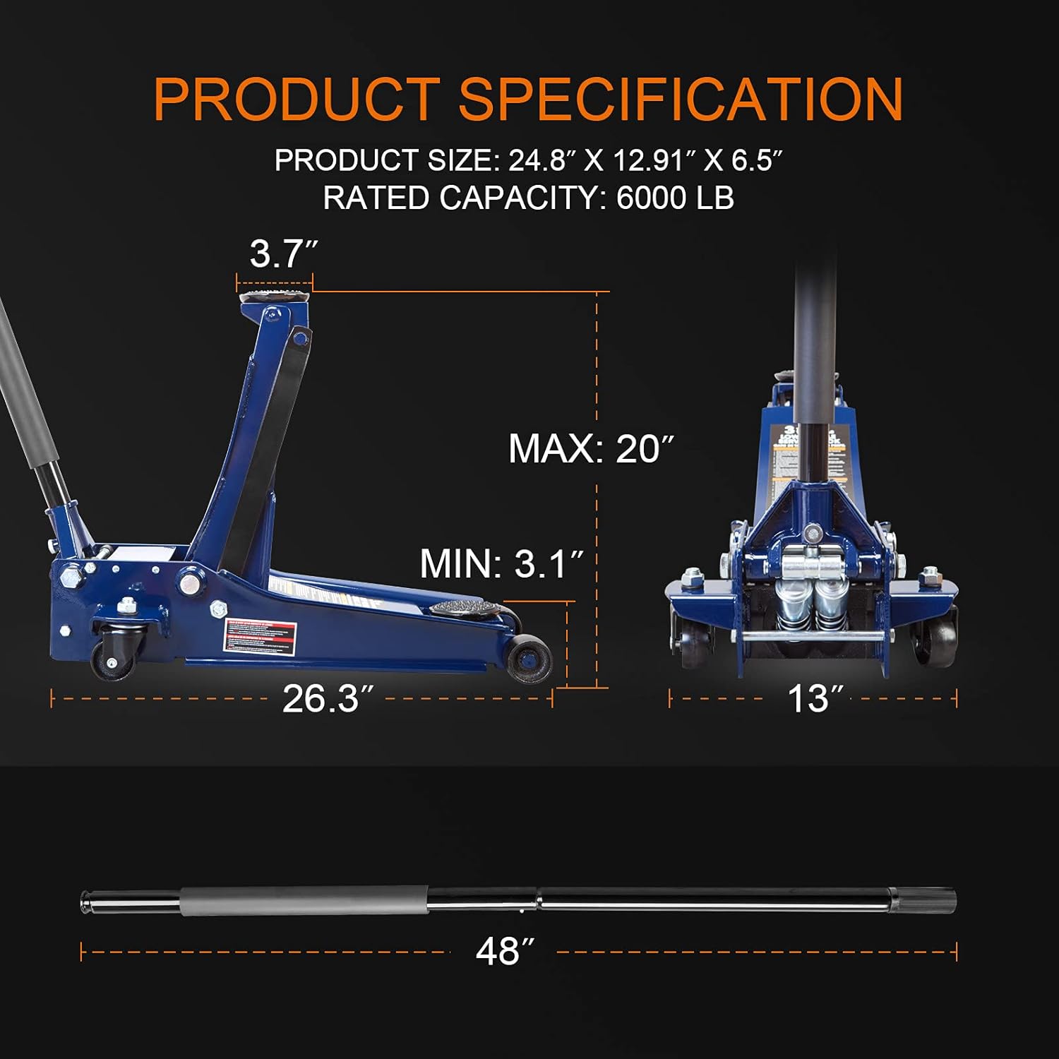 TCE ATZ830026XU Torin Hydraulic Ultra Low Profile Heavy Duty Steel Service/Floor Jack with Dual Piston Quick Lift Pump, 3 Ton (6,000 lb) Capacity, Blue : Everything Else