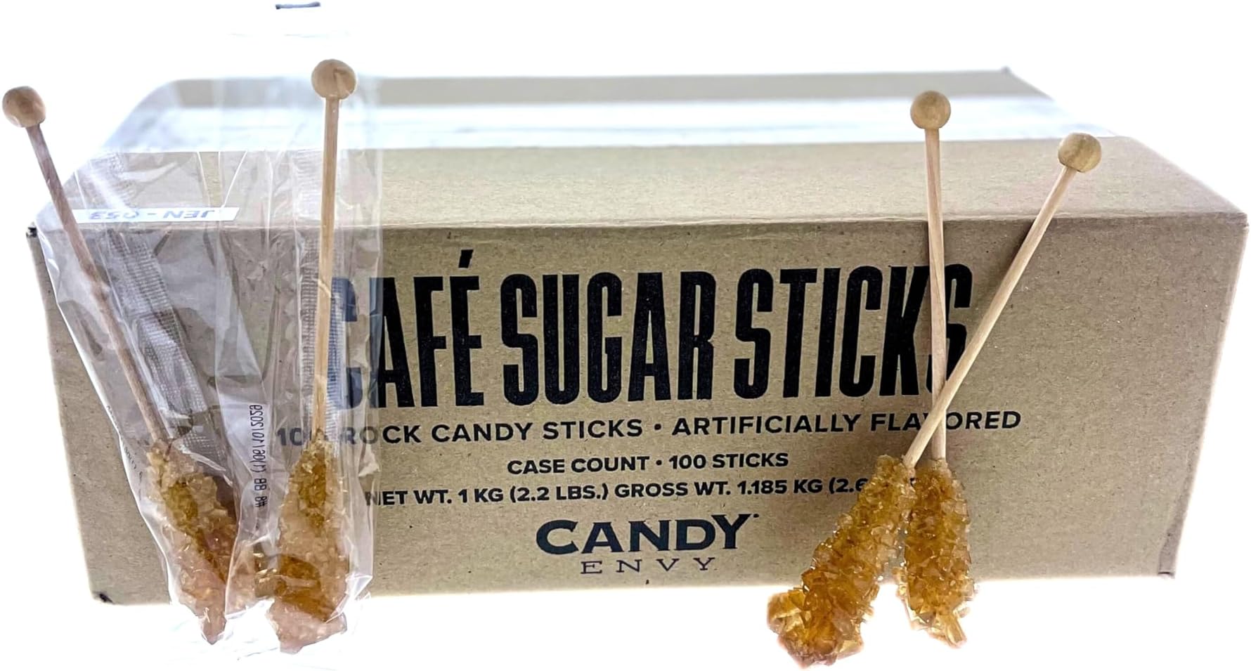 Candy Envy - Amber Café Sugar Sticks Mini Rock Candy - 100 Bulk Individually Wrapped Amber Treats - Original Sugar Flavored