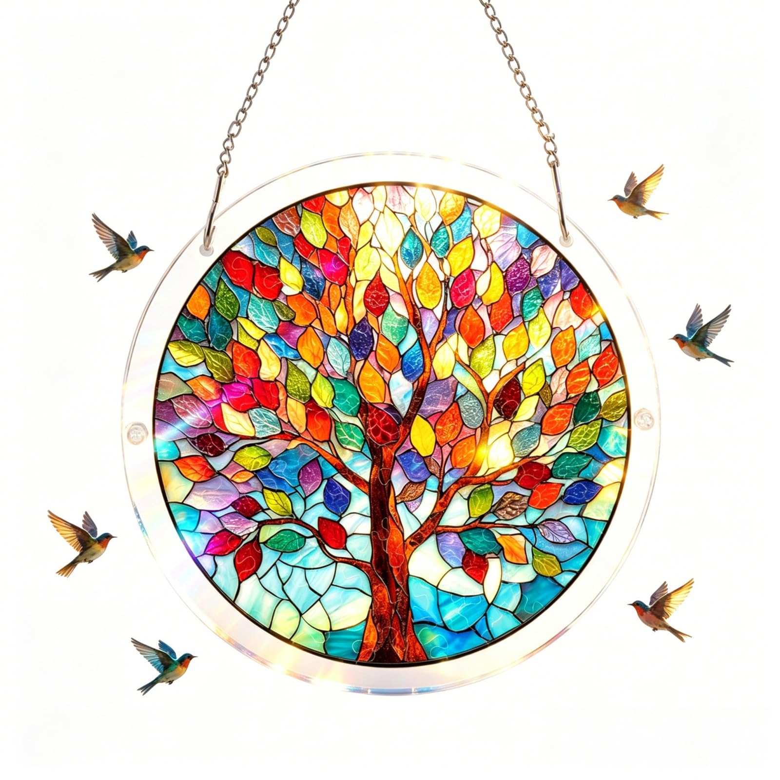 18.8CM Acrylic Puzzle Suncatcher Window Hanging,Hummingbird Flowers Stained Glass Sun Catchers for Windows,Stained Glass Sun Catchers for Windows,Emerald Flame Hummingbird Sun Catchers(Tree)