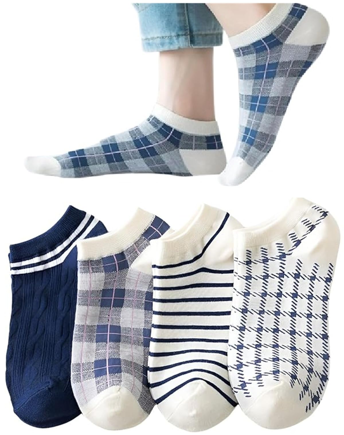 momisy Women’s Ankle Length Socks Cotton No-Show Socks for Women Soft, Breathable & Stretchable Casual Striped & Checked Design Pack of 4 (Multicolor)-picture-23