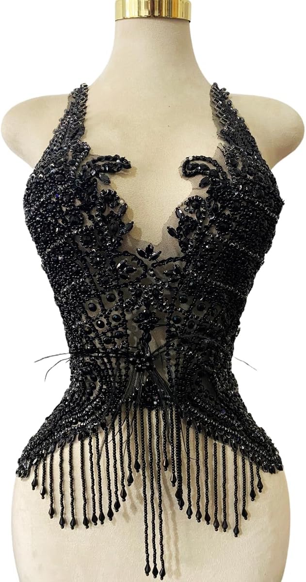 Handmade Shiny Rhinestones Bodice Appliques Hand-Sewing Beads Crystal Trim Patches Luxury Tassels Feathers Decorative Dress Accessories (Black)