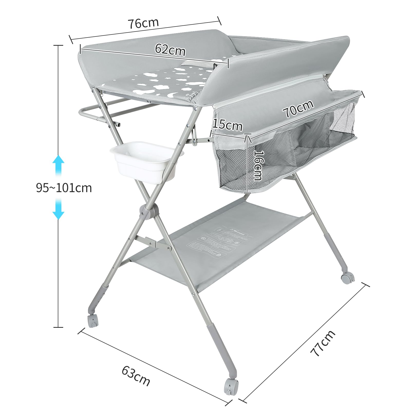 Table à langer pour bébé avec roues, station à langer pliante portable à hauteur réglable avec organiseur de pépinière et support de rangement pour nouveau-né et nourrisson-80 * 58 * 90 cm-gris clair
