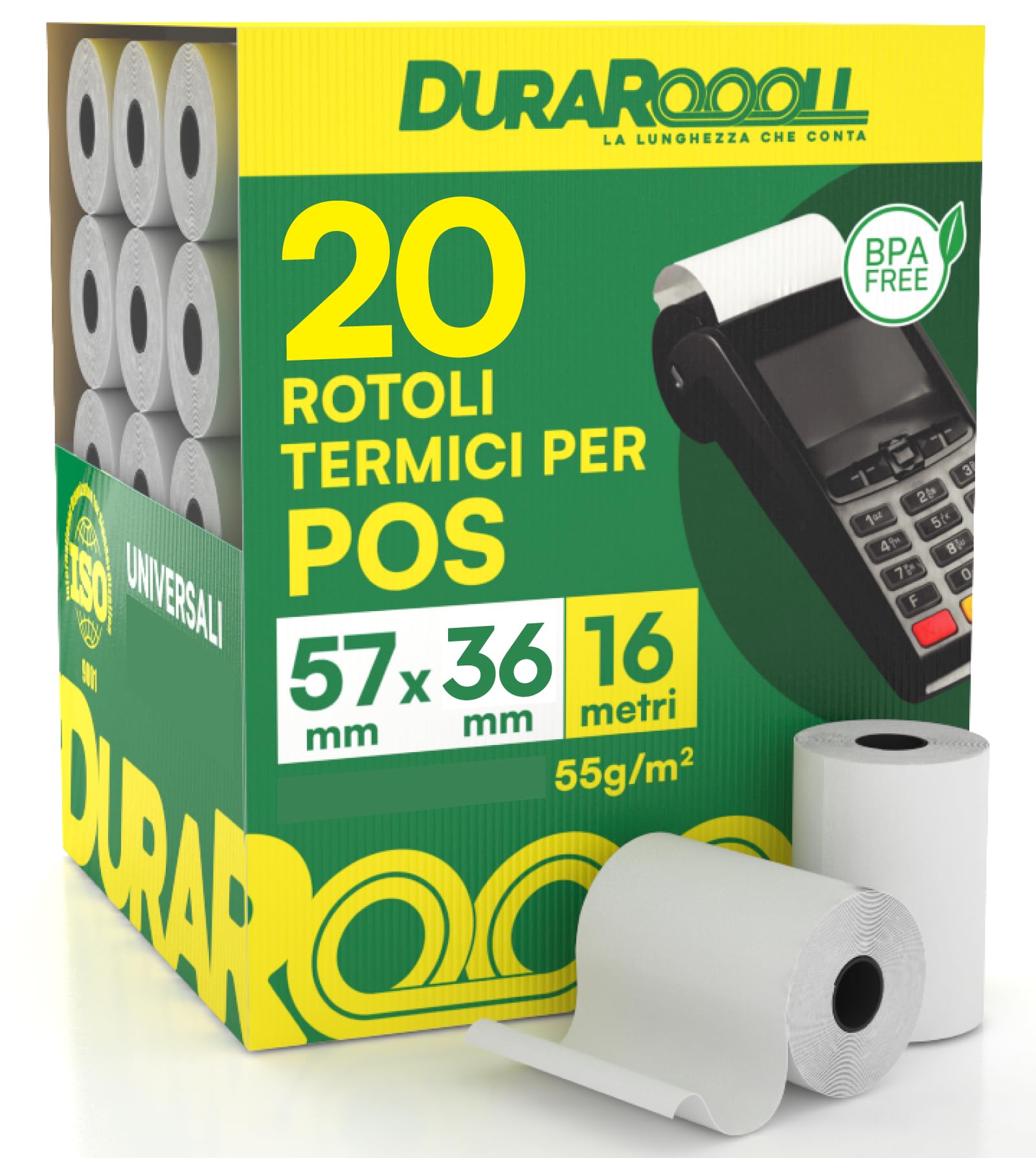 Carta per POS 57x36 Rotoli Termici DuraRoooll 16m Compatibile Nexi SumUp Pax Axerve Ingenico Smart POS