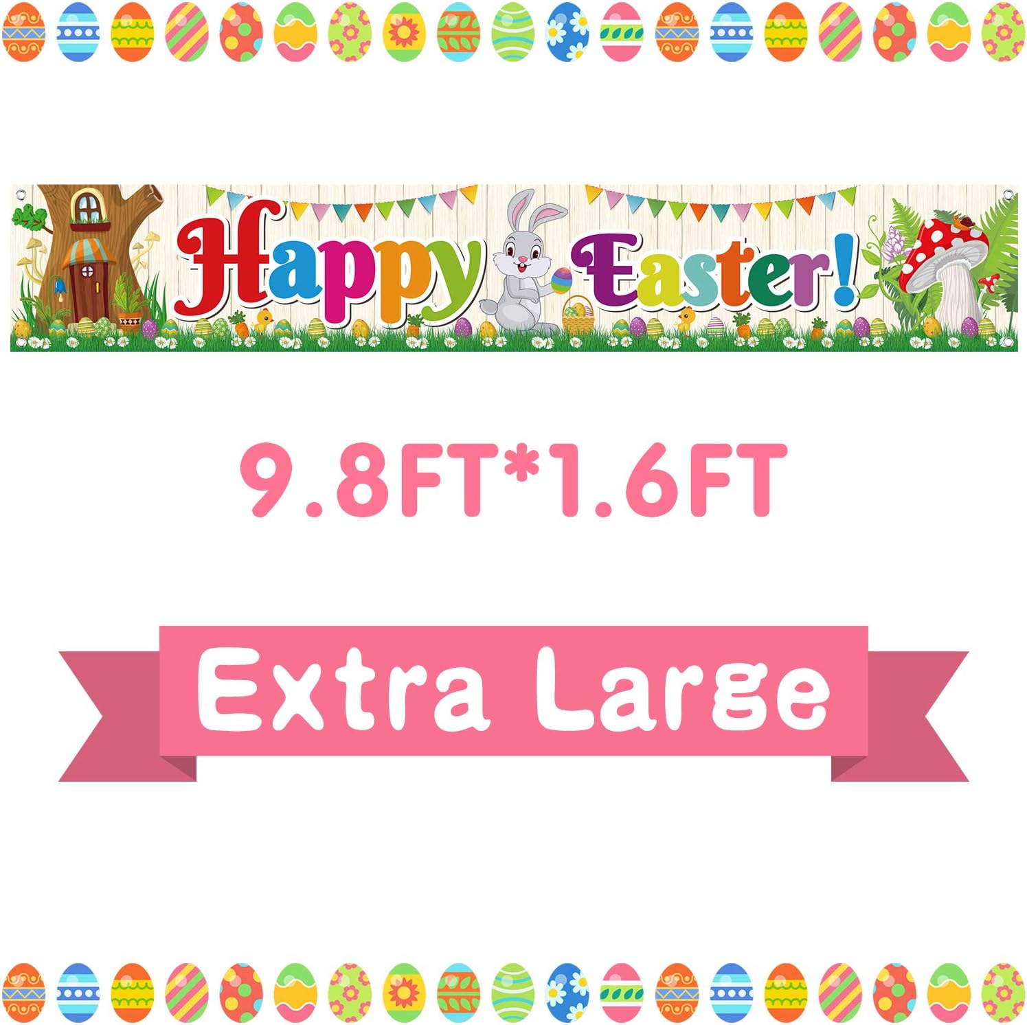 FEPITO Large Happy Easter Banner Fabric Easter lawn sign Backdrop Banner for Spring Easter Decoration Indoor Outdoor Easter Party Supplies,9.8FT*1.6FT