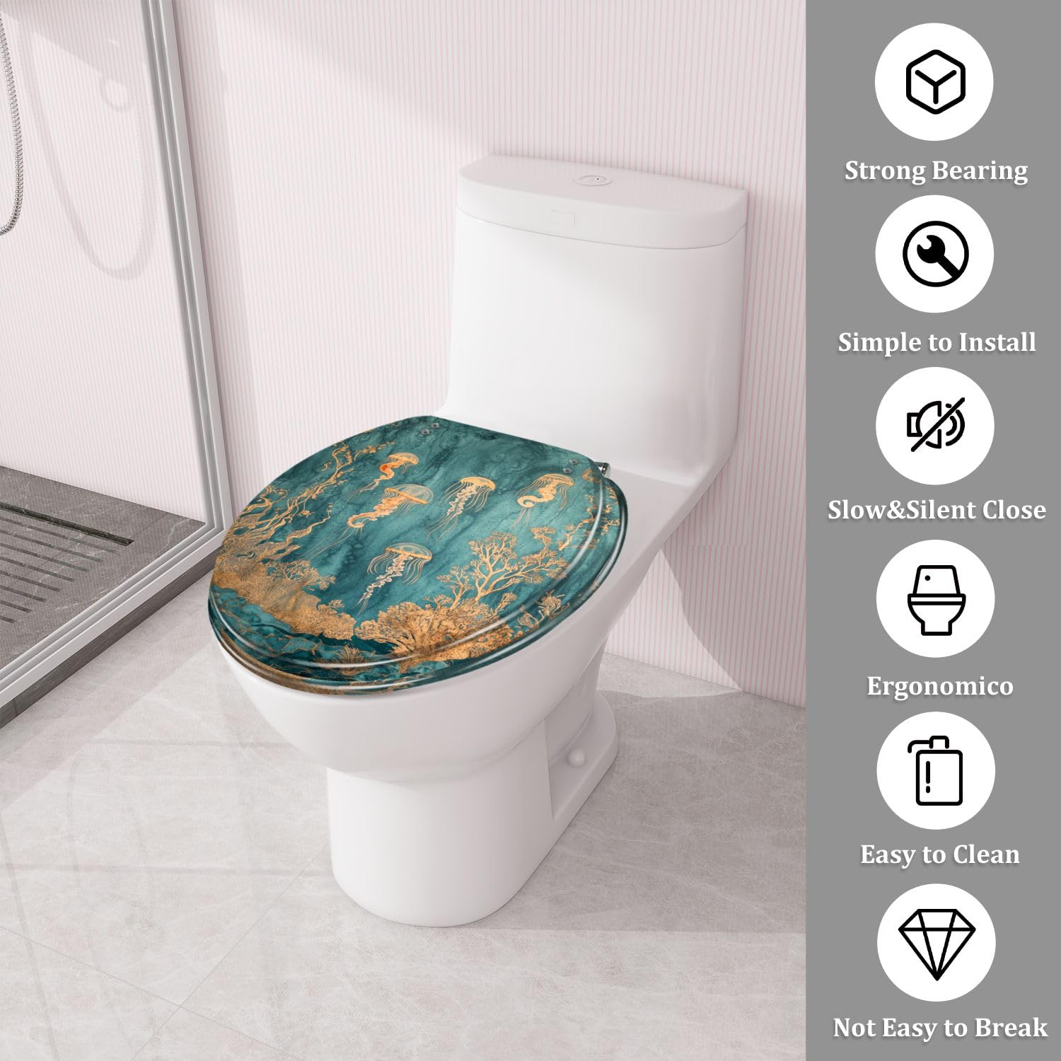 Asiento de inodoro redondo con tapa, cierre silencioso, bisagras de liberación rápida, decorativo.