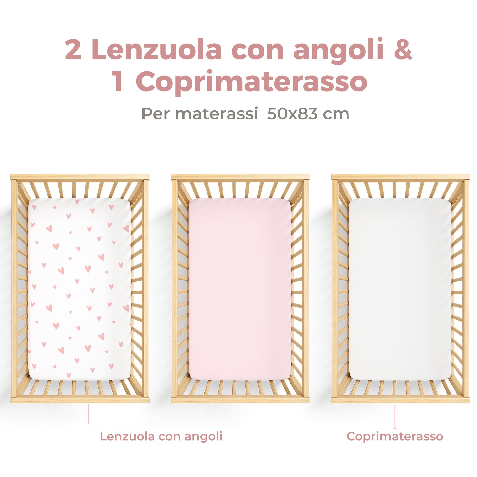 Dreamzie 2 Lenzuola culla Neonato + 1 Coprimaterasso Impermeabile Lettino con Elastico - 100% Cotone Per Culla Co-sleeping, Lettino - 50x83 cm Heart