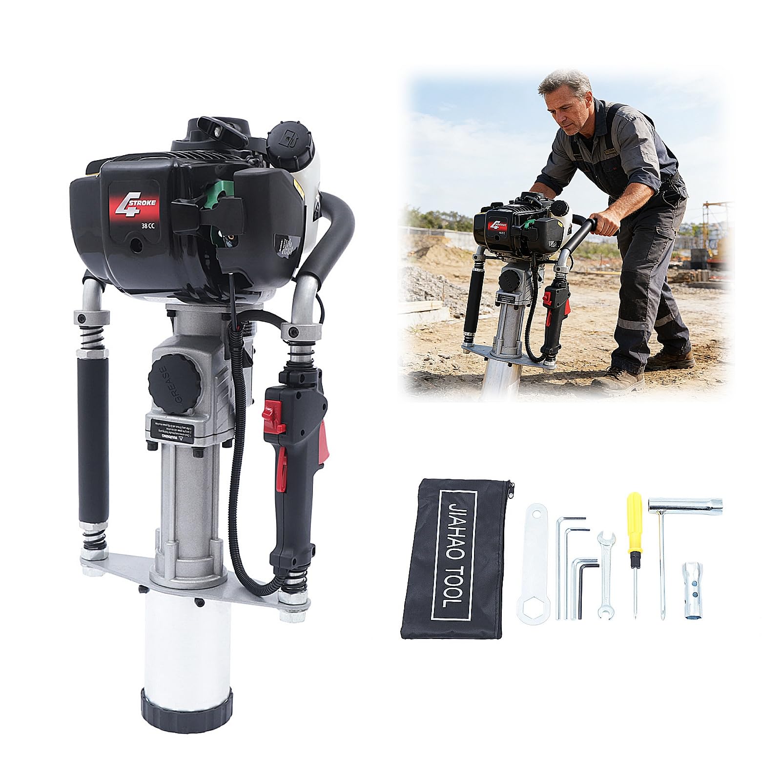 38CC Benzin Pfahlramme 1200W Pfostentreiber mit 45/55mm Hülsen 4 Takt Motor Benzin Rammgerät mit Handstart Fahlramme für Gartenbau, Pontons, Erdungswinkel 8500 U/Min