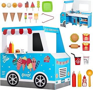 VEVOR Ice Cream Cart for Kids, 20+ PCS Ice Cream Truck Wooden Playset, Pretend Play Stand with Steering Wheel & Chalkboard, Payment Scanner & Freezer, Faucet & Sink, Suitable for Kids 3-7 Years Old