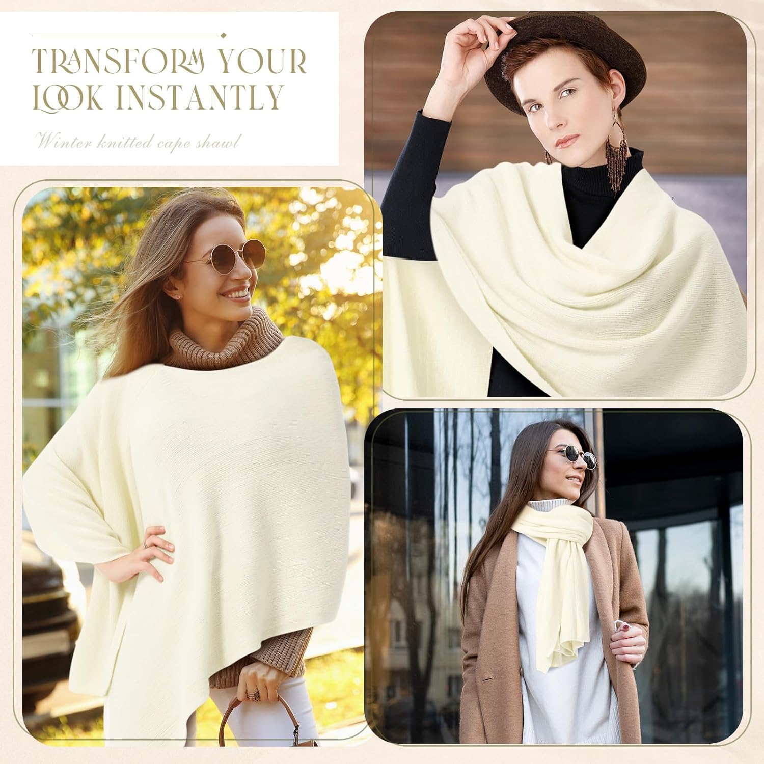 Hercicy Women Ponchos Sweater Solid Knit Versatile Lightweight Shawl Wrap Scarf Cape Poncho Accessories for Women - Image 5