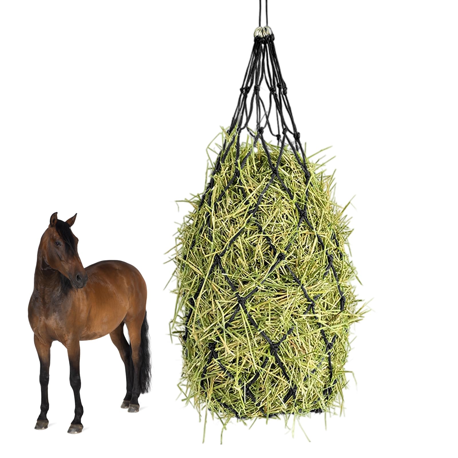 Noir Filet A Foin Chevaux 12,5 X 12,5 cm Maillage, Sac à Foin Filet de Nourriture pour Foin Maille avec Anneau de Fixation pour Chèvres, Moutons, Adapté Pâturage