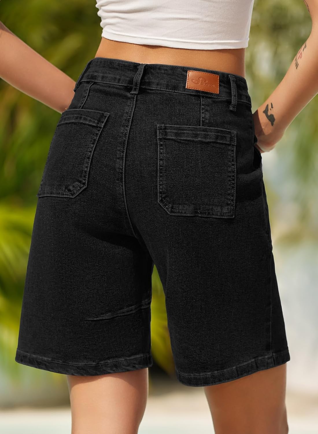 Sidefeel Women's Jean Shorts High Waisted Stretchy Bermuda Pleated Denim Summer Shorts - Image 4