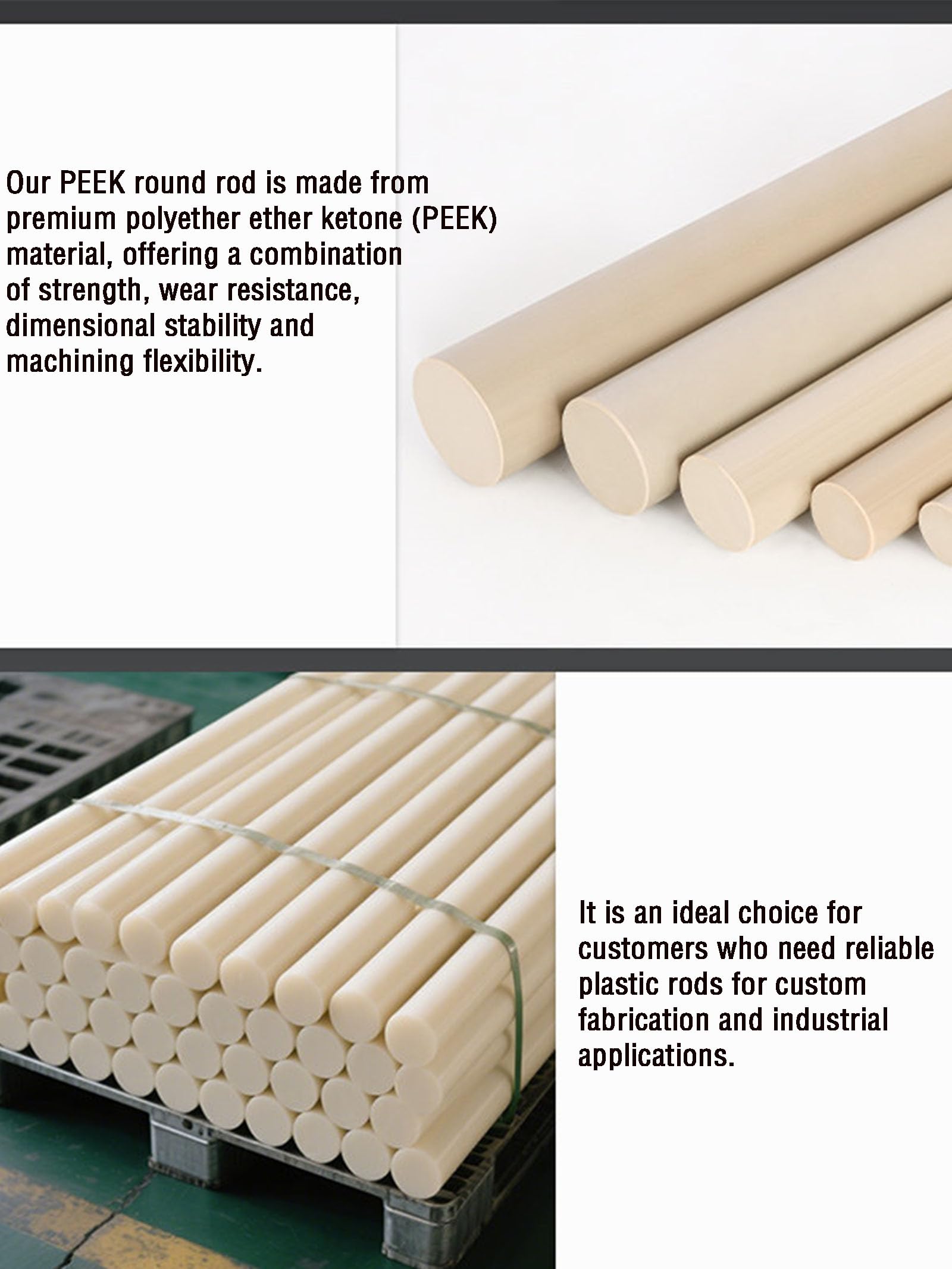 PEEK Profilo Tondo Plastica Tecnica Per Usinaggio E Parti Personalizzate | Materiale plastico tecnico PEEK per lavorazione precisa, ideale per componenti industriali, parti meccaniche