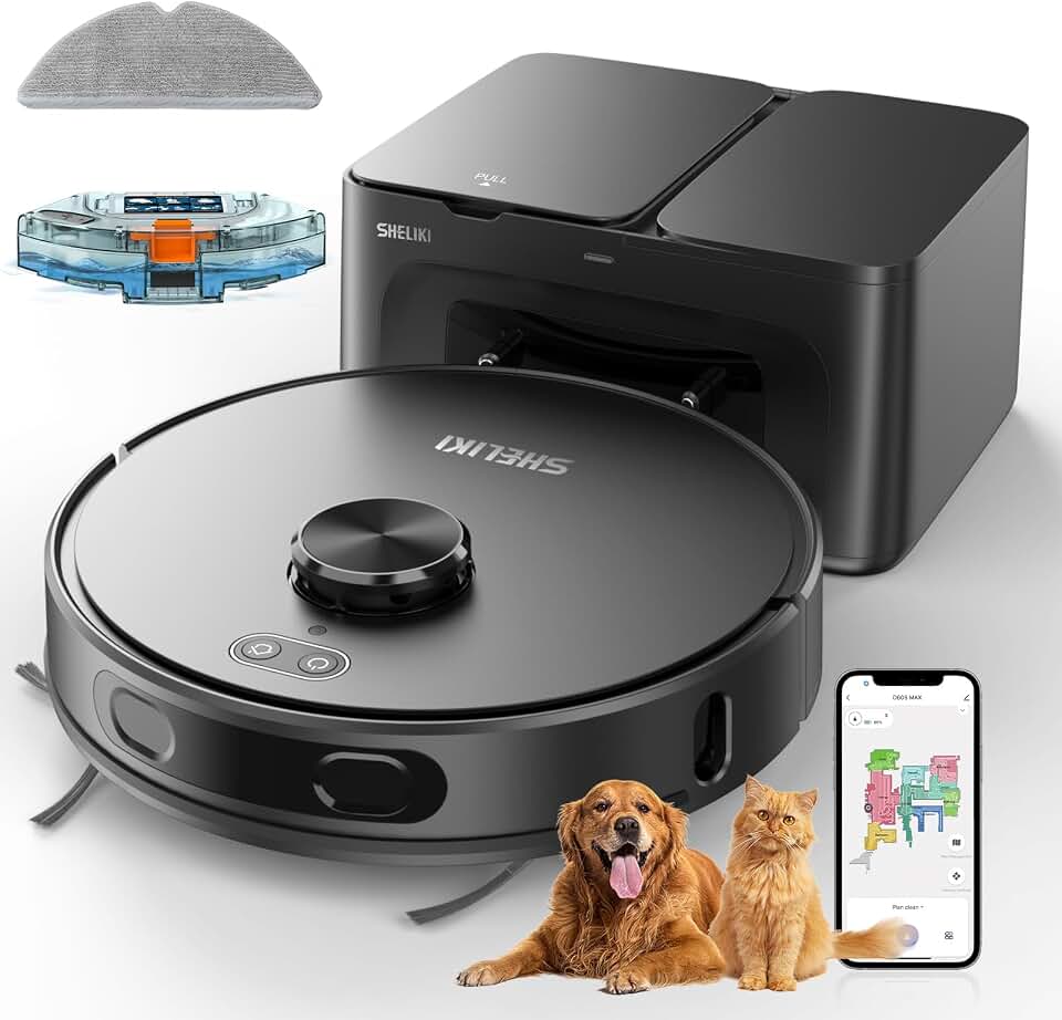 SHELIKI Robot Vacuum and Mop Combo, Self-Emptying Robotic Vacuums Cleaner Smart Mapping, 2-3 Months Hands-Free Base Strong Suction & LiDAR Navigation, 220 Mins Long Runtime for Pet Hair, Hard Floor