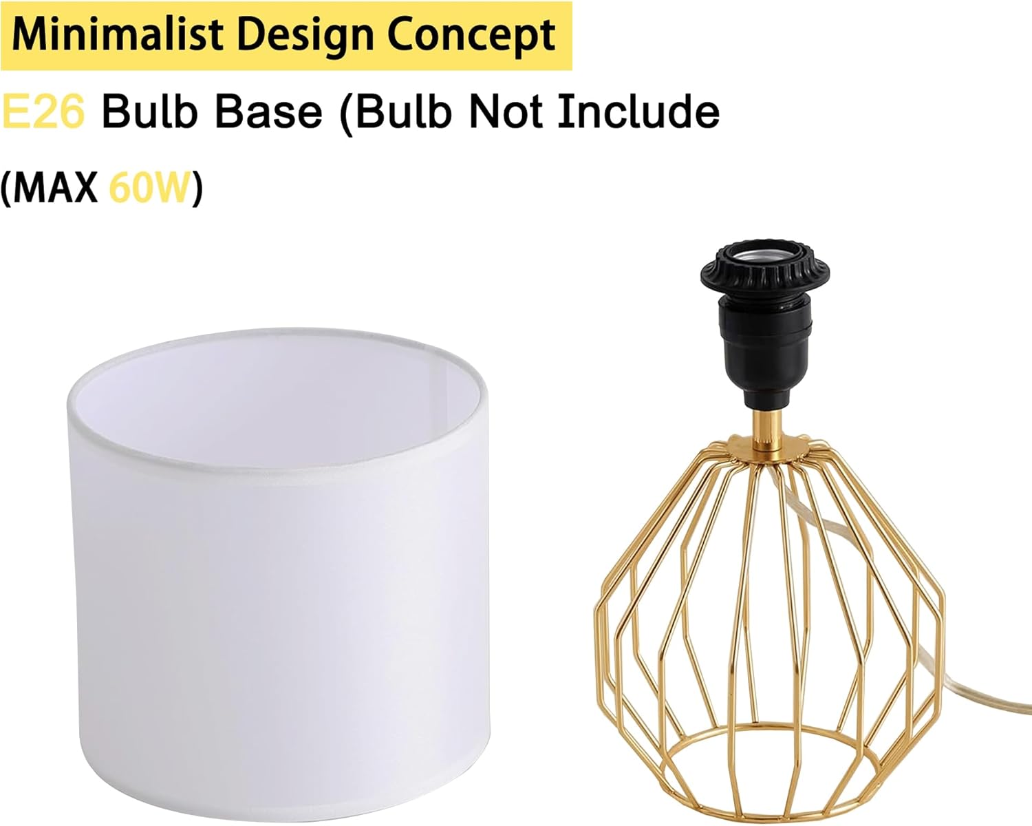 Gold Table Lamp, Small Bedside Nightstand Lamps with White Fabric Shade, Metal Base and ON/Off Switch Desk lamp, Modern Geometric Lamp for Bedrooms Living Room Office Foyer Kids Room