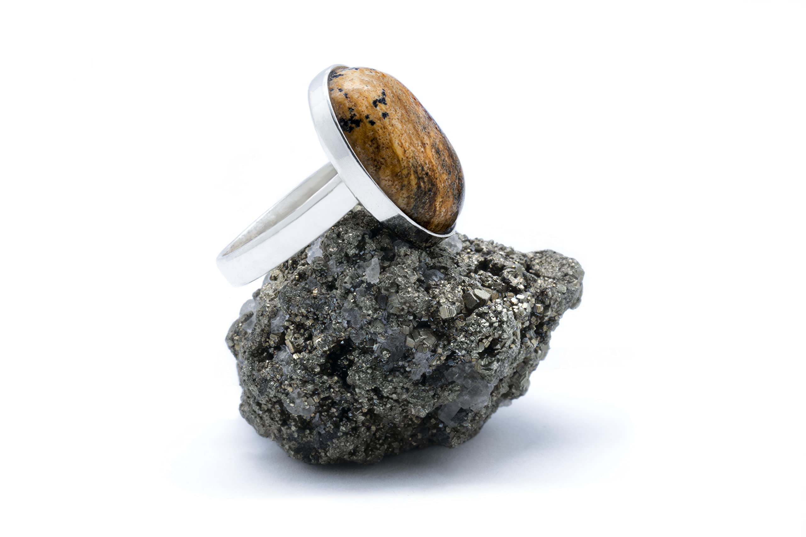 Anillo de Plata 925 con Jaspe Paisaje (Piedra Natural) 18x13mm - Disponible Anillo Ajustable y Fijo, Tamaño de XS a XXXL, para Hombre, para Mujer - Caja Regalo Gratis