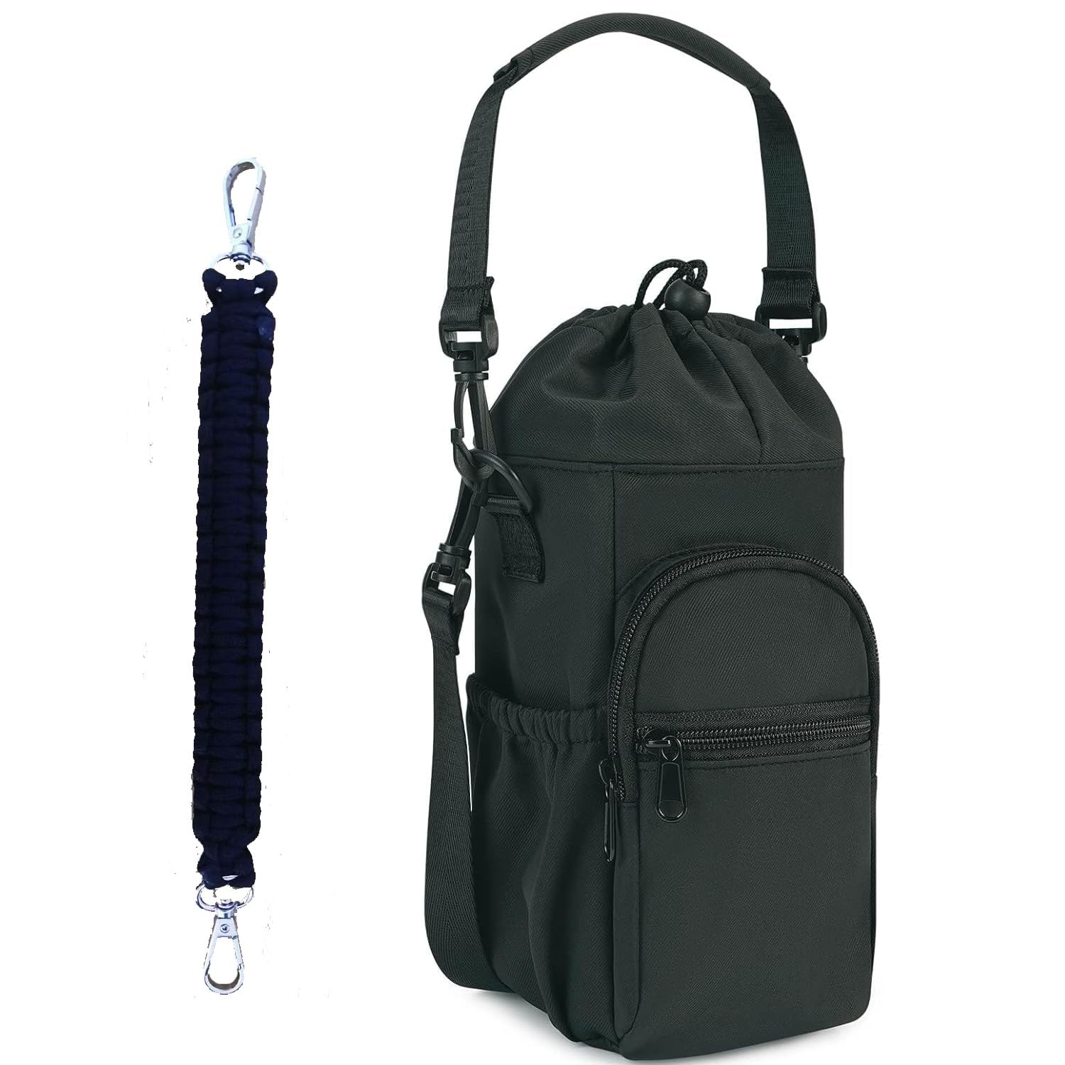 Water Bottle Carrier Bag, Neoprene Water Bottle Sleeve with 4 pocket, Sport Water Holder with Paracord Handle and Shoulder Strap for Walking Hiking Camping Gym, black, stylish