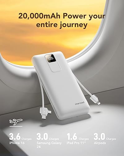 Miniatura 9 de charmast Cargador portátil de 20000 mAh con cables integrados y enchufe de pared, cargador de batería USB C de 20 W, batería de carga rápida,