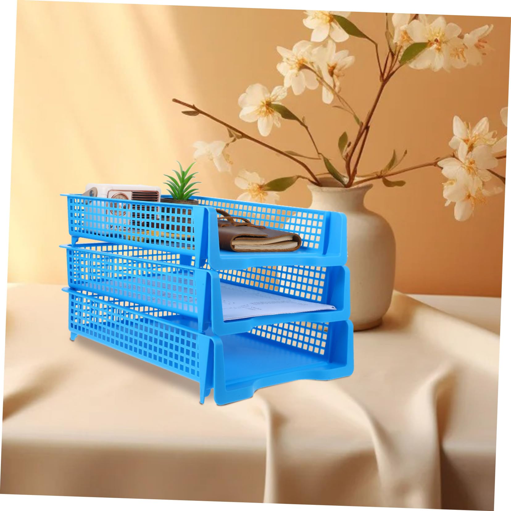 Homoyoyo Set da 3 Vaschette Portadocumenti Impilabili in Plastica Blu, Organizer Multifunzionale per Ufficio e Aula Design Minimale e Funzionalità Versatile