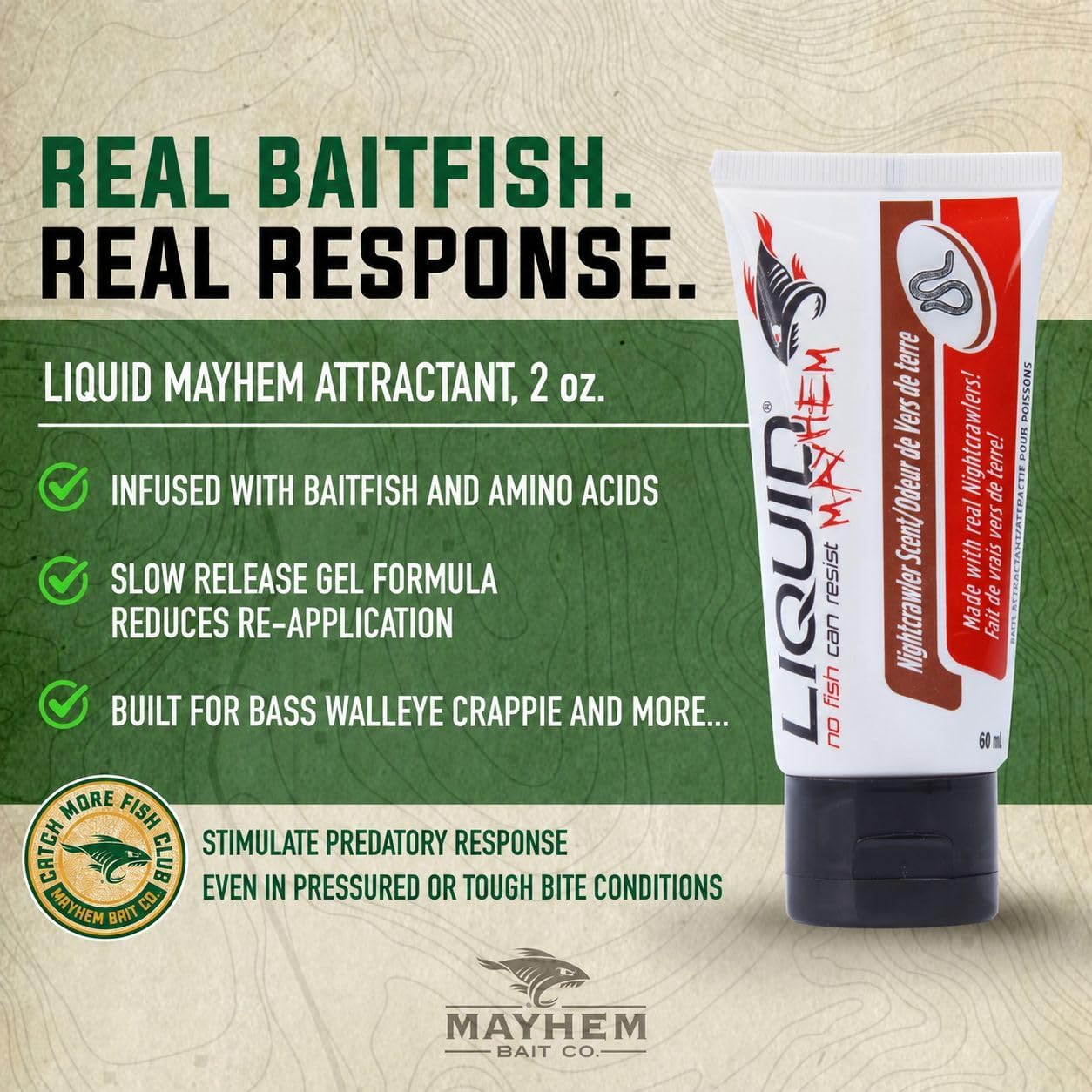 Liquid Mayhem Nightcrawler Fish Attractant Gel 60 ml / 2 oz · 60 Uses – Real Anchovy Bait & Aminos | UV-Enhanced Long-Lasting Gel – All Lure Types