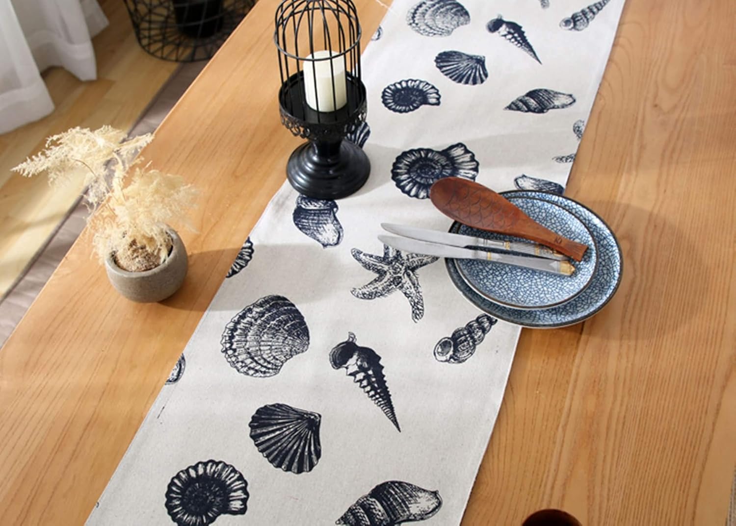 Table Runner Small Rectangle Table,33x180CM,Snail and Cocha with Tassel Table Runner Modern Cotton,Table Runner Decor Gray