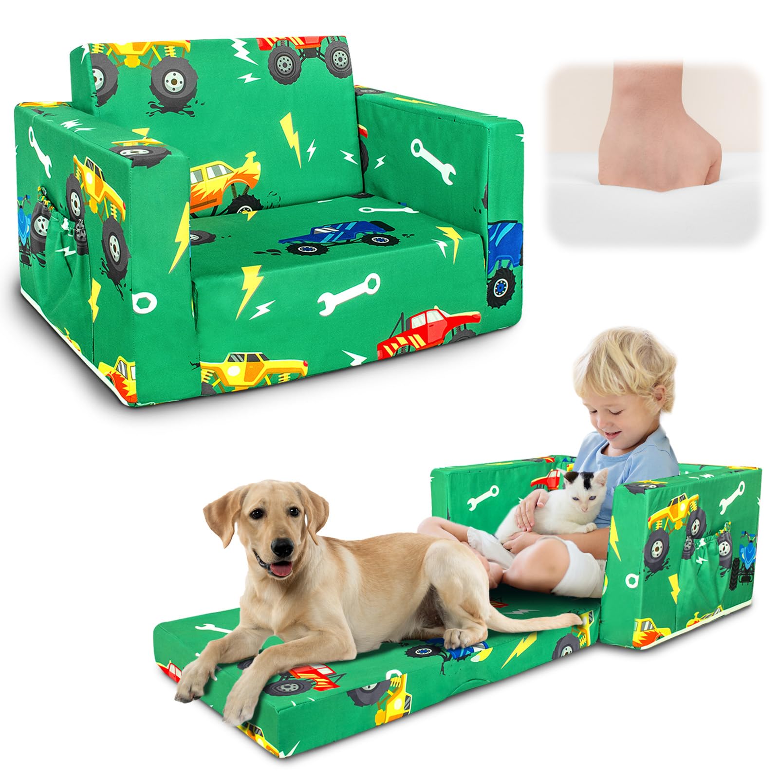 Beavtaens Kids Couch, 2-in-1 Kids Fold Out Sofa, Convertible Toddler Couch to Lounger for Girls and Boys, Soft Toddler Chairs Comfy 1-3 Years Old (